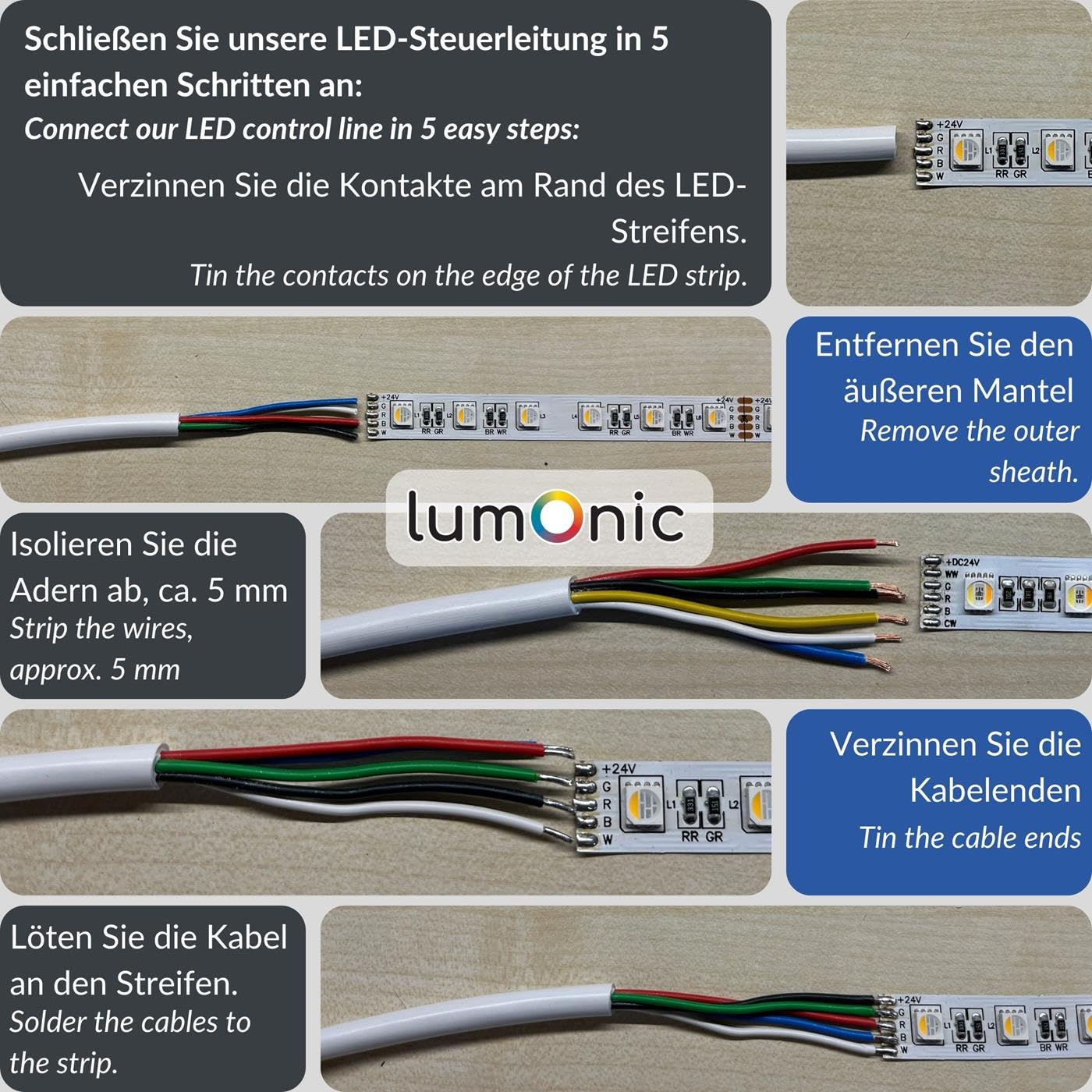 10 m Lumonic 5 x 0.34 mm² LED Control Cable Black 1 m I Sheathed 5-Core Cable Flexible I LiYY Extension, Power Cable, LED Cable, Control Cable 10m / 10 Compteur RGBW (5-wire) - Image 3
