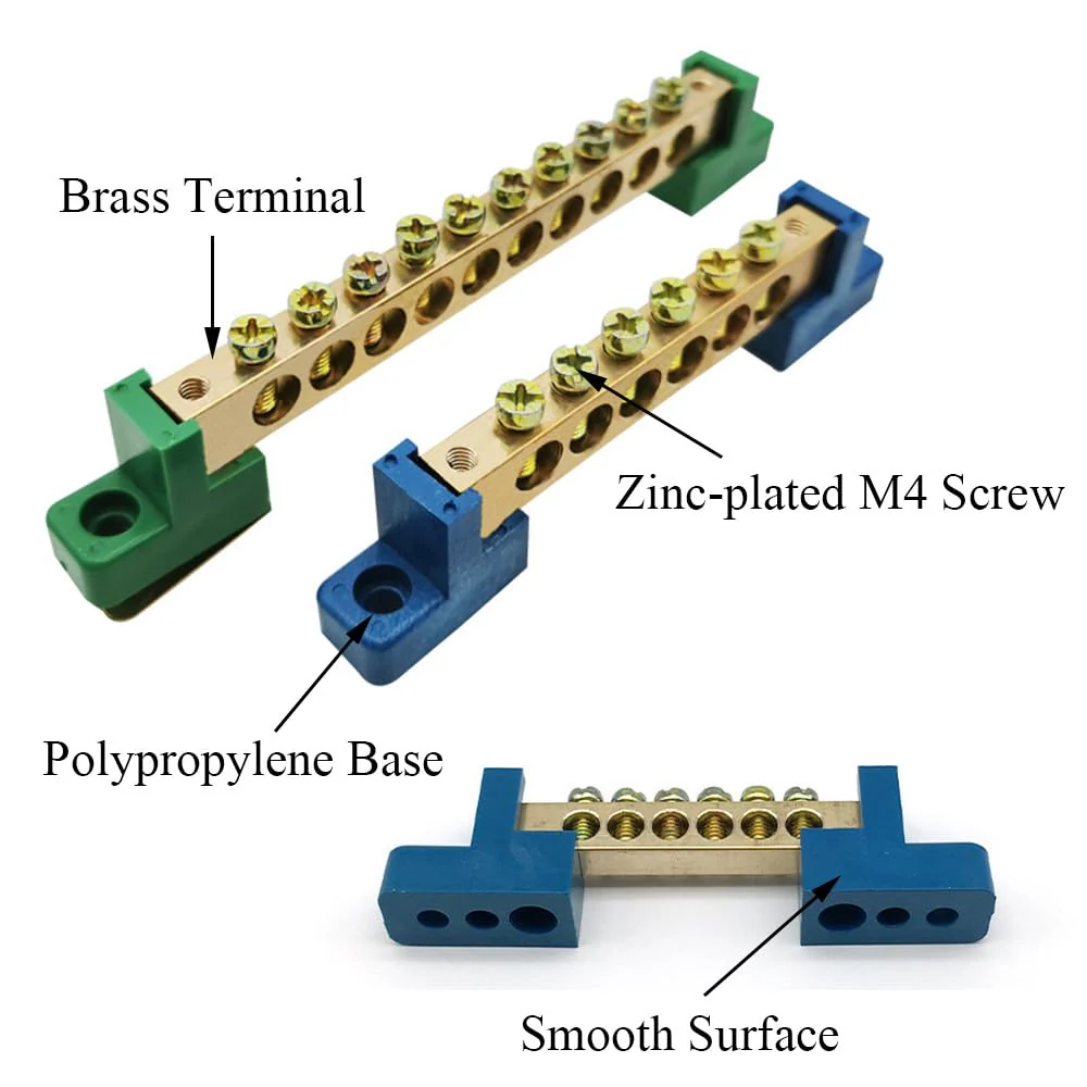 10 Positions Green, Clamp Ground Rail Screw Block: Barrier Brass, Electrical Distribution Bus Bar Block for Car, Boat, Marine, RV, Yacht, Ship Power Distribution 10 Positionen - Image 4
