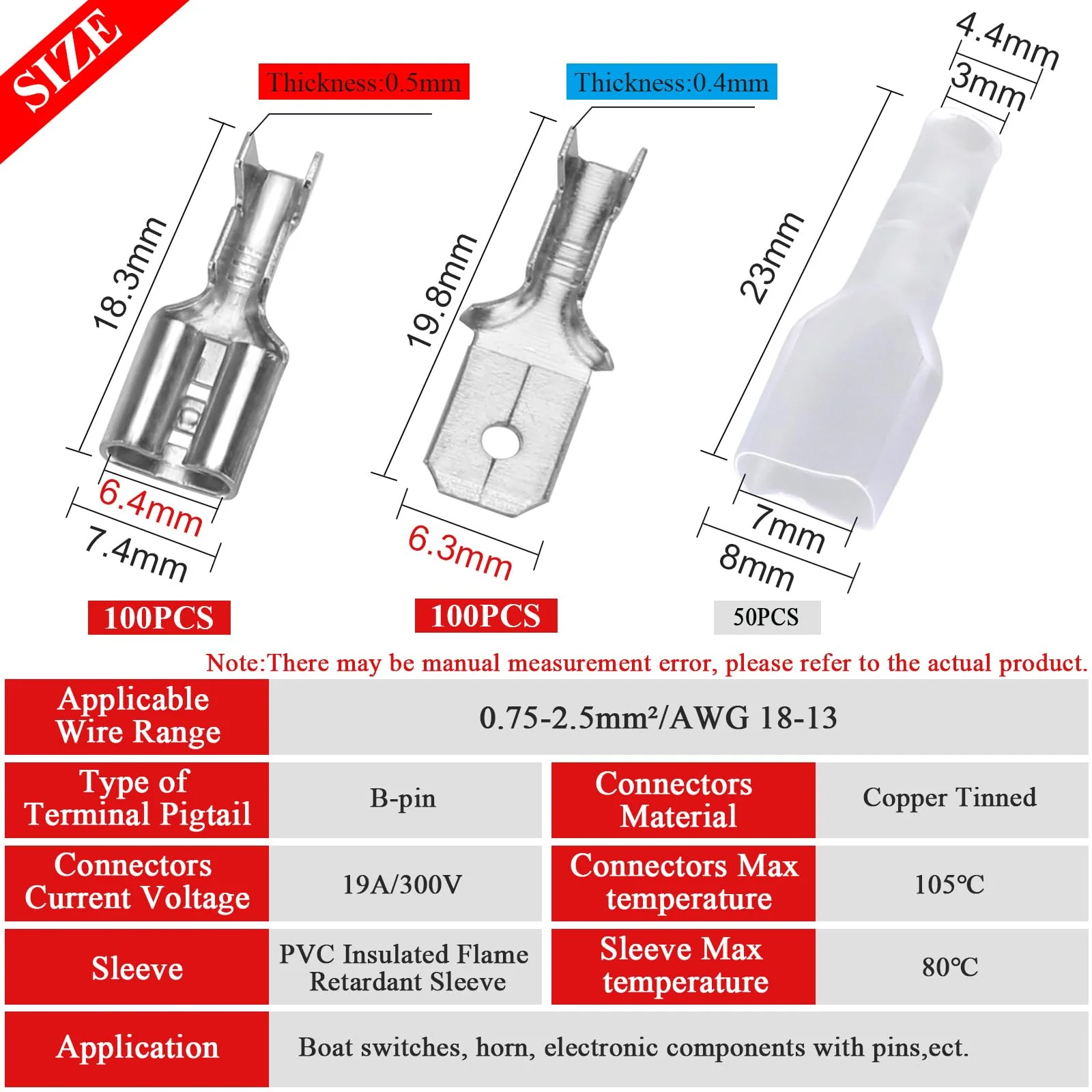 100 x thickened 6.3 mm blade receptacles and 100 x flat connectors, brass tinning, highly conductive blade receptacles 6.3 mm with insulating sleeves 6.3mm Spade Connectors - Image 2