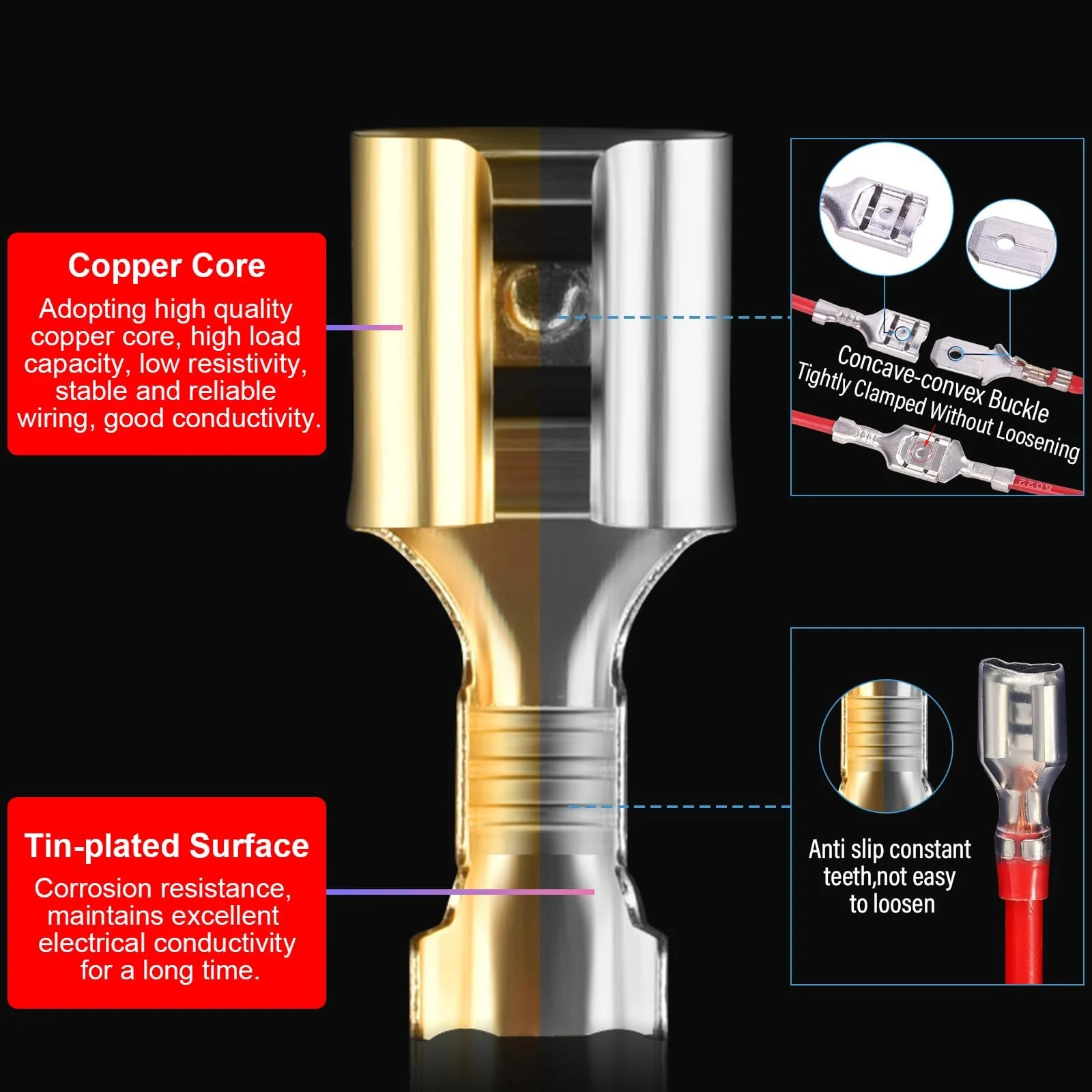 100 x thickened 6.3 mm blade receptacles and 100 x flat connectors, brass tinning, highly conductive blade receptacles 6.3 mm with insulating sleeves 6.3mm Spade Connectors - Image 3
