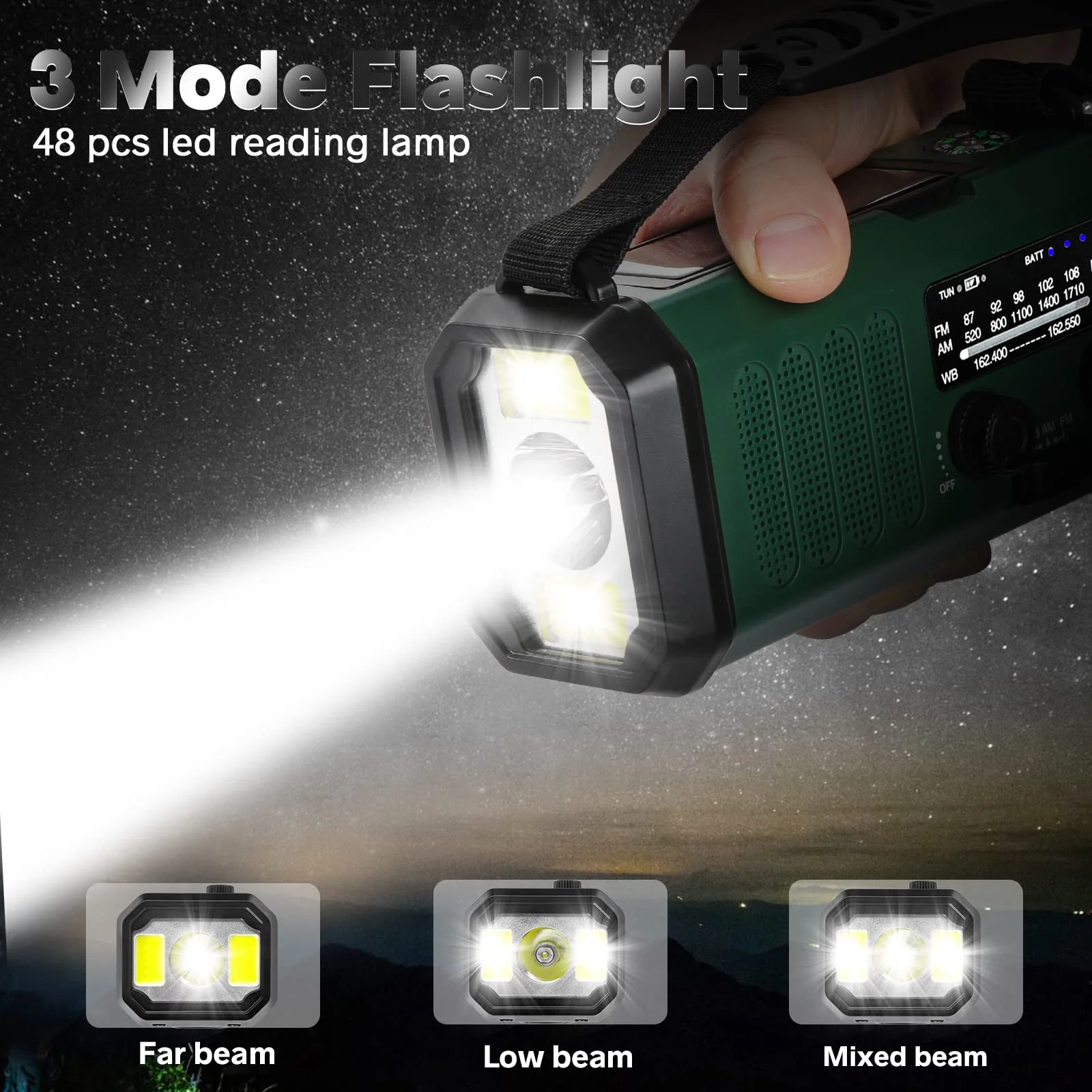 10000mAh Crank Radio, Emergency Radio, Solar Radio, NOAA/AM/FM Weather Radio, USB Type-C Charging,Dynamo Radio,Polymer Battery,Torch & LED Reading Light, SOS Alarm,Compass for Camping - Image 3