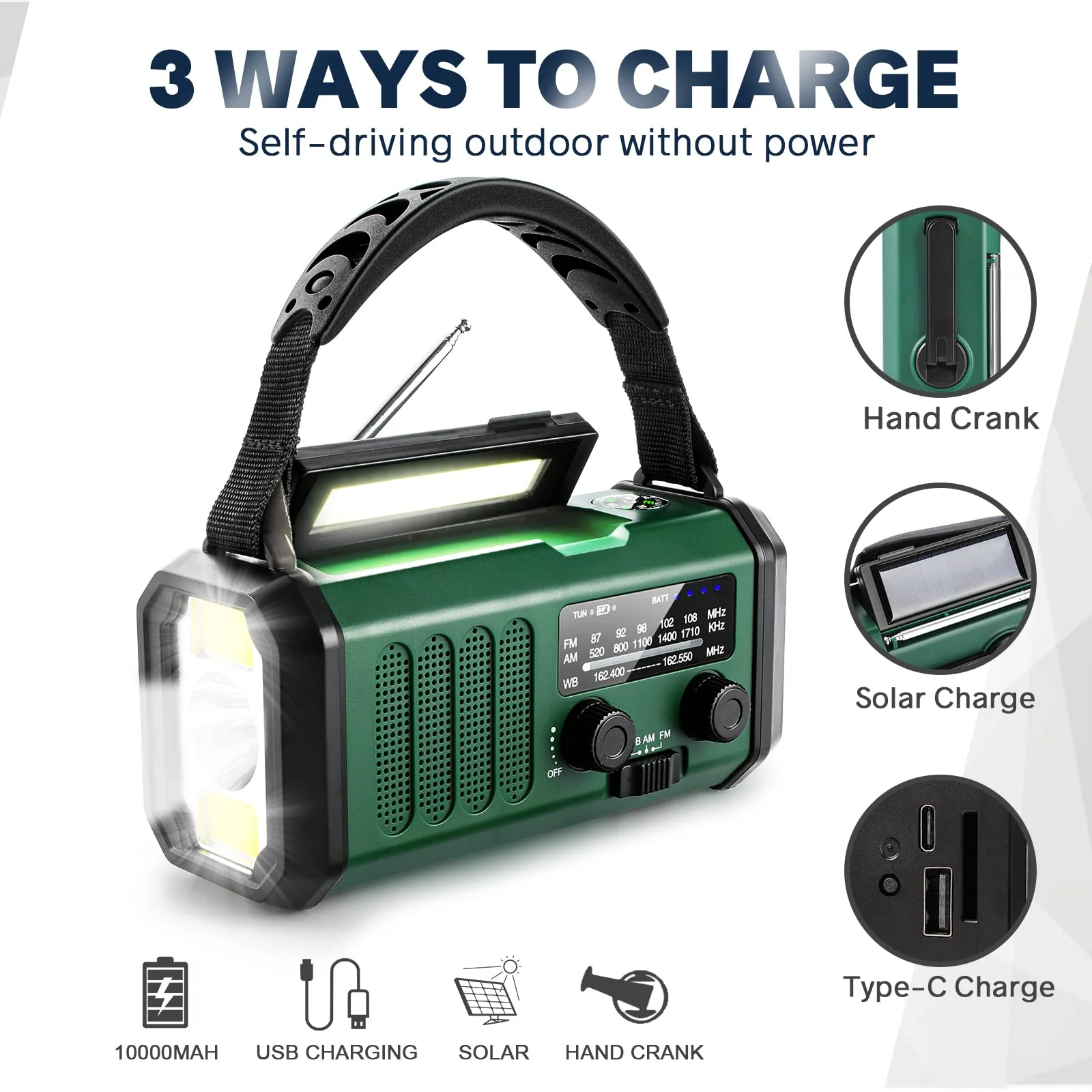 10000mAh Crank Radio, Emergency Radio, Solar Radio, NOAA/AM/FM Weather Radio, USB Type-C Charging,Dynamo Radio,Polymer Battery,Torch & LED Reading Light, SOS Alarm,Compass for Camping - Image 4