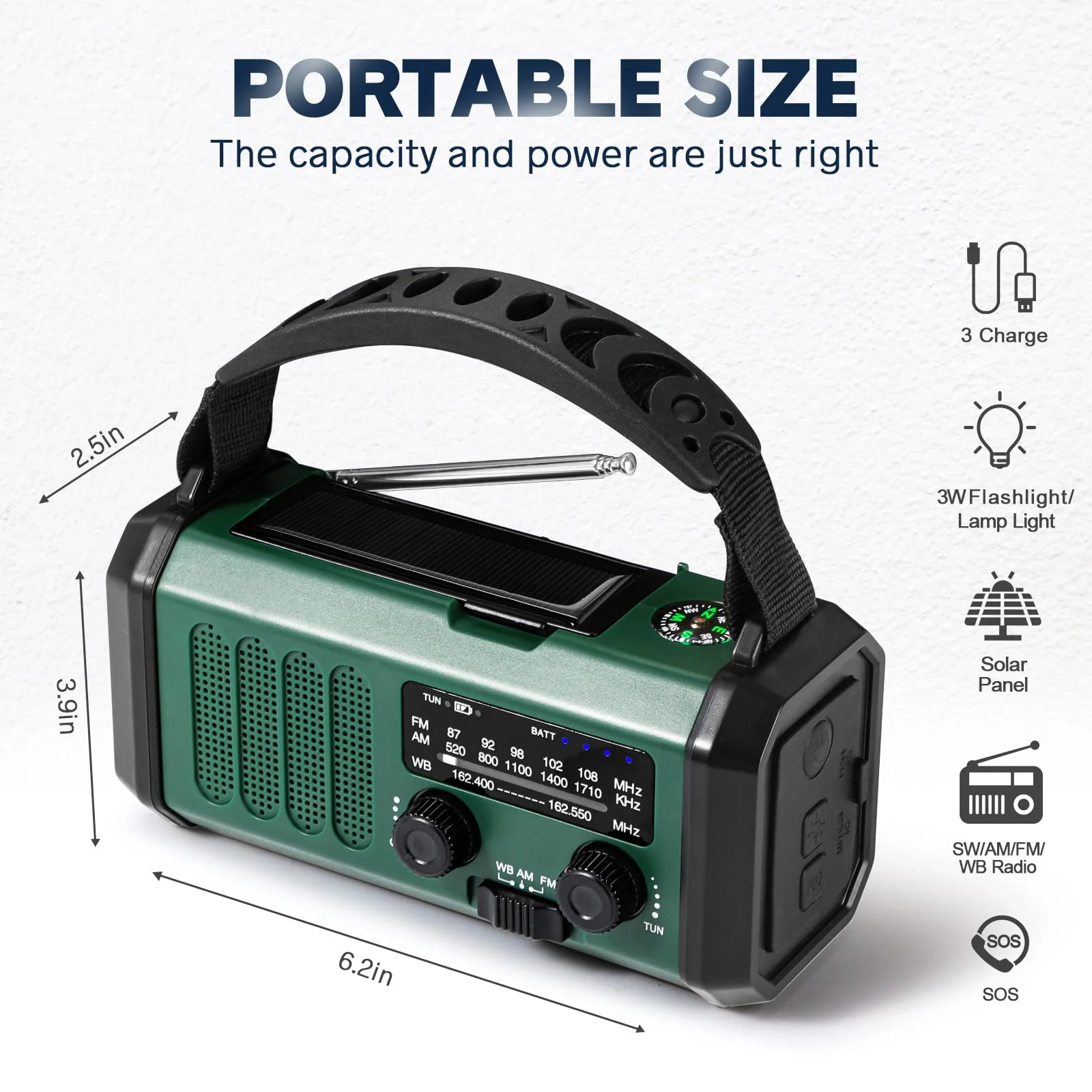 10000mAh Crank Radio, Emergency Radio, Solar Radio, NOAA/AM/FM Weather Radio, USB Type-C Charging,Dynamo Radio,Polymer Battery,Torch & LED Reading Light, SOS Alarm,Compass for Camping - Image 6