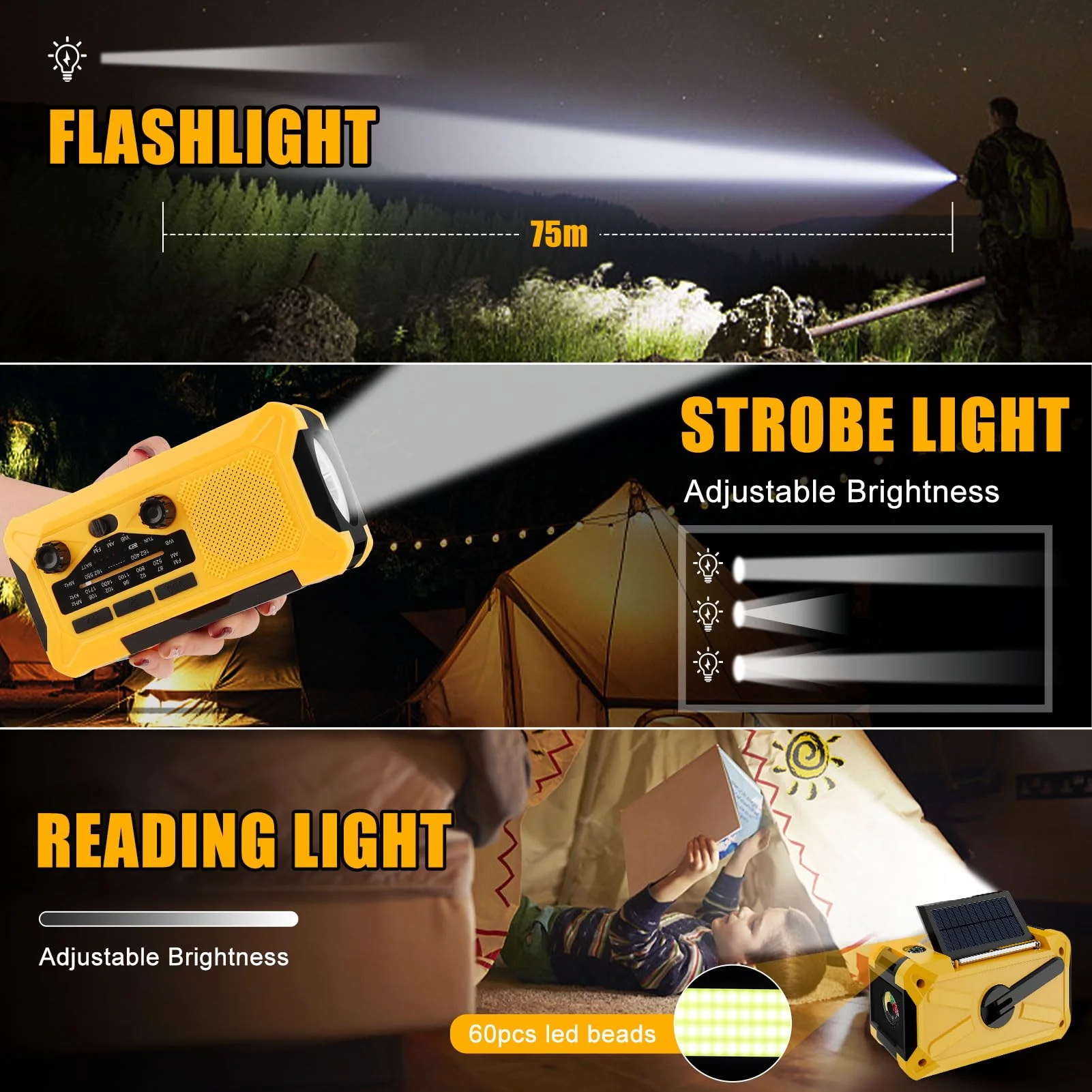 10000mAh Emergency Hand Crank Radio with LED Flashlight, AM/FM NOAA Portable Weather Alert Radio, Solar Powered Radio with Phone Charger, USB Charged, Headphone Jack, SOS Alarm, Compass (Yellow) yellow - Image 4