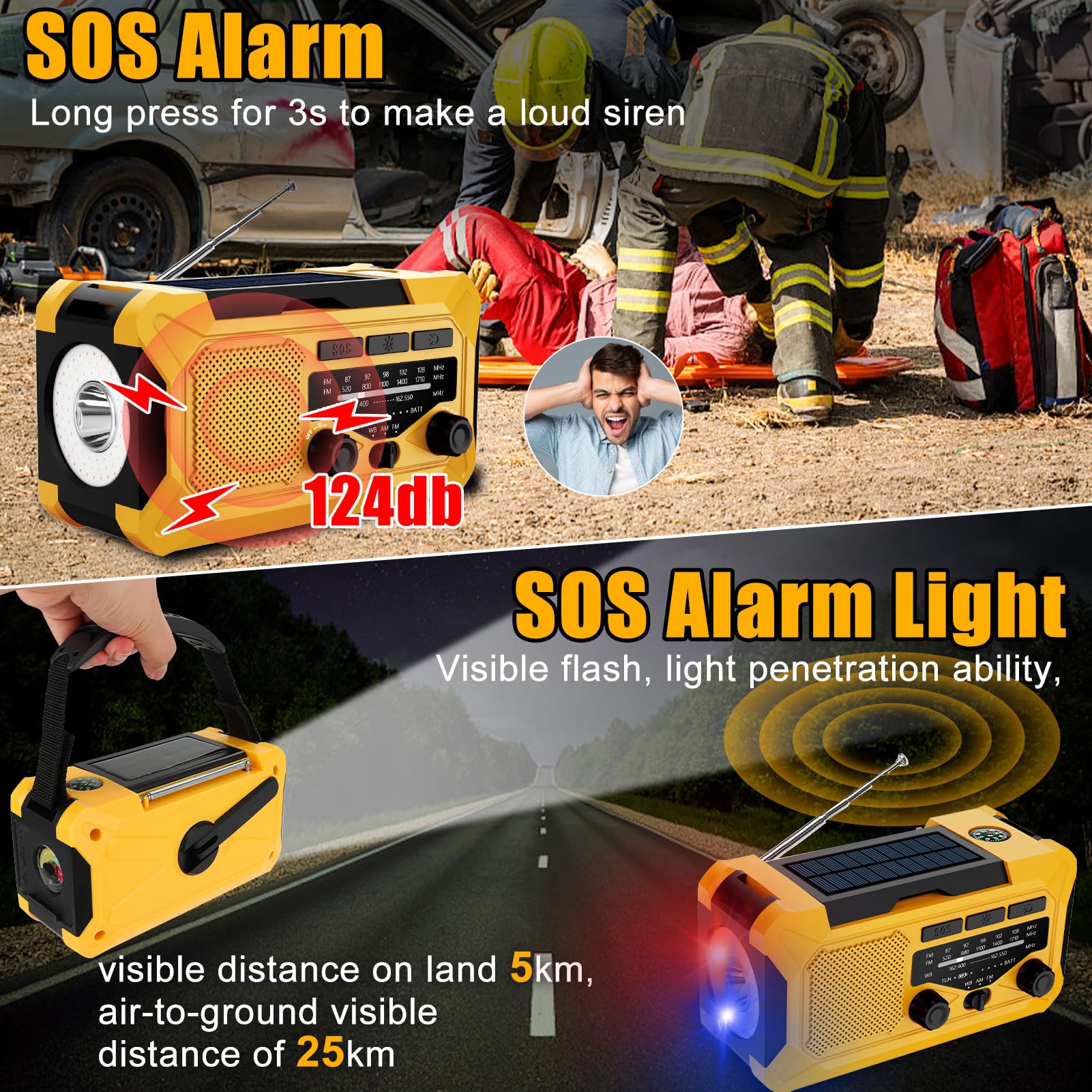 10000mAh Emergency Hand Crank Radio with LED Flashlight, AM/FM NOAA Portable Weather Alert Radio, Solar Powered Radio with Phone Charger, USB Charged, Headphone Jack, SOS Alarm, Compass (Yellow) yellow - Image 6