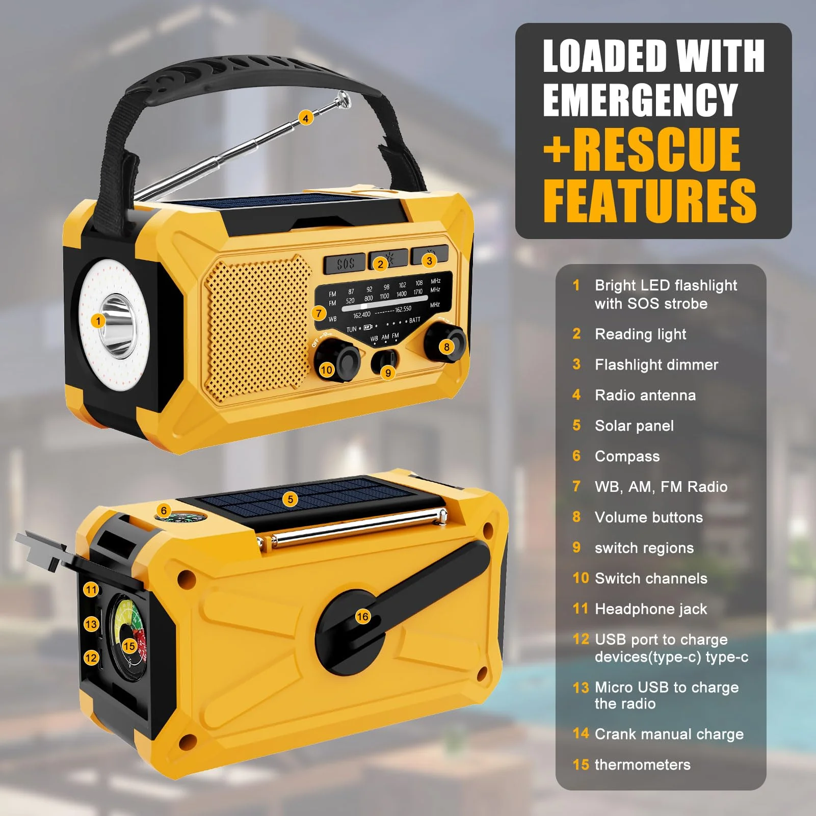 10000mAh Emergency Hand Crank Radio with LED Flashlight, AM/FM NOAA Portable Weather Alert Radio, Solar Powered Radio with Phone Charger, USB Charged, Headphone Jack, SOS Alarm, Compass (Yellow) yellow - Image 7