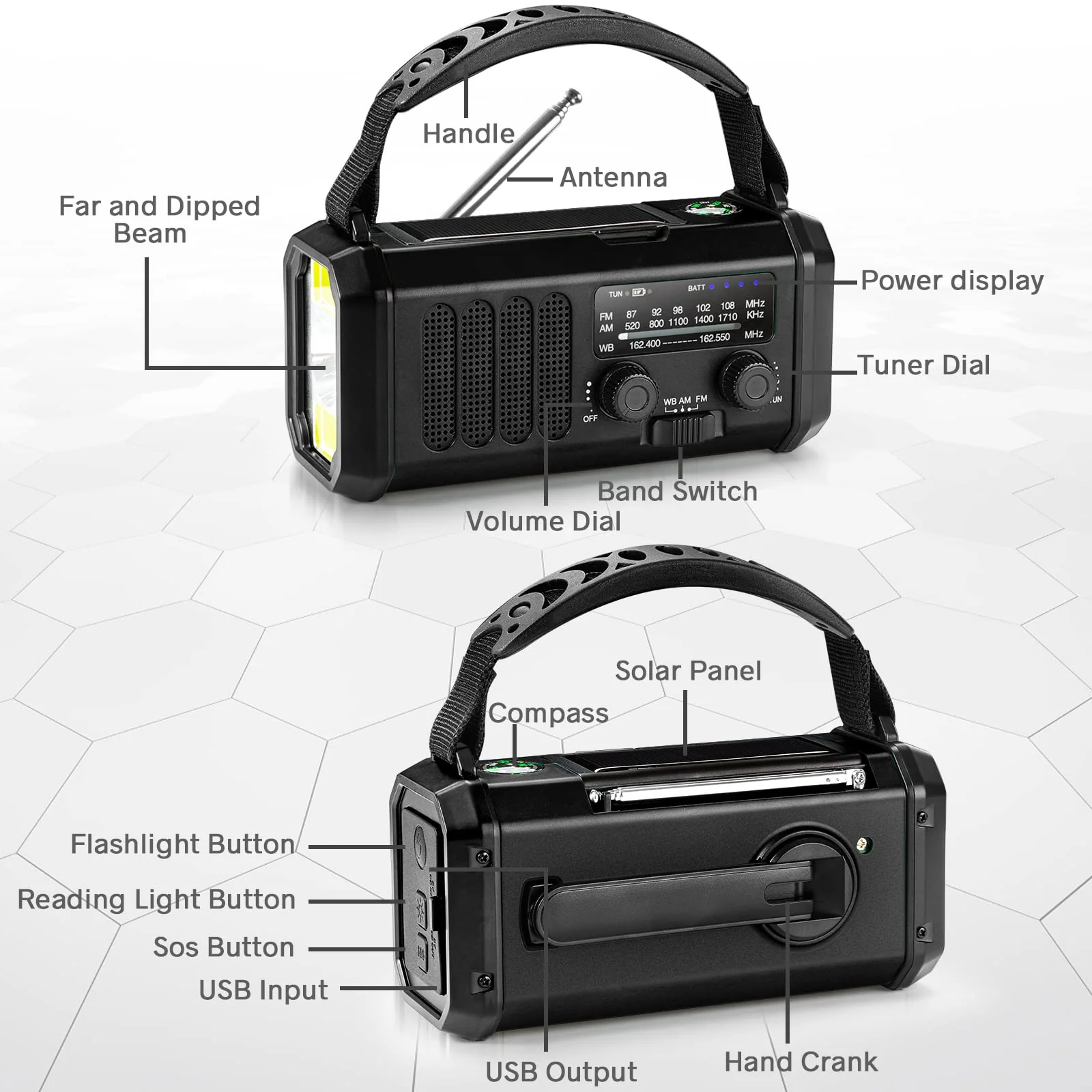 10000mAh Solar Radio, Crank Radio, Emergency Radio, NOAA/AM/FM Weather Radio, USB Type-C Charging,Dynamo Radio,Polymer Battery,Torch & LED Reading Light, SOS Alarm,Compass for Camping black - Image 4