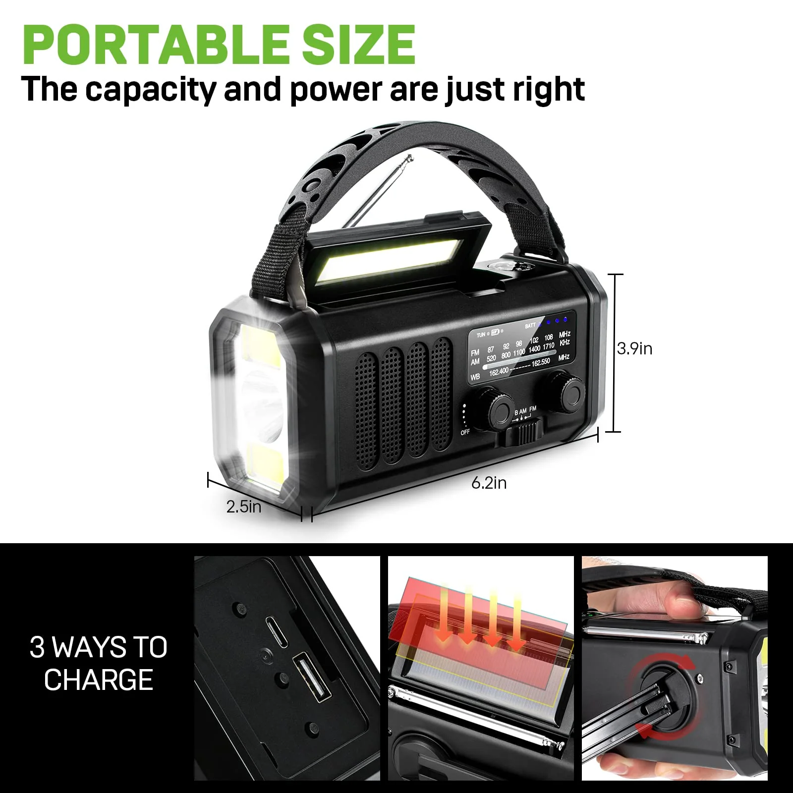 10000mAh Solar Radio, Crank Radio, Emergency Radio, NOAA/AM/FM Weather Radio, USB Type-C Charging,Dynamo Radio,Polymer Battery,Torch & LED Reading Light, SOS Alarm,Compass for Camping black - Image 5