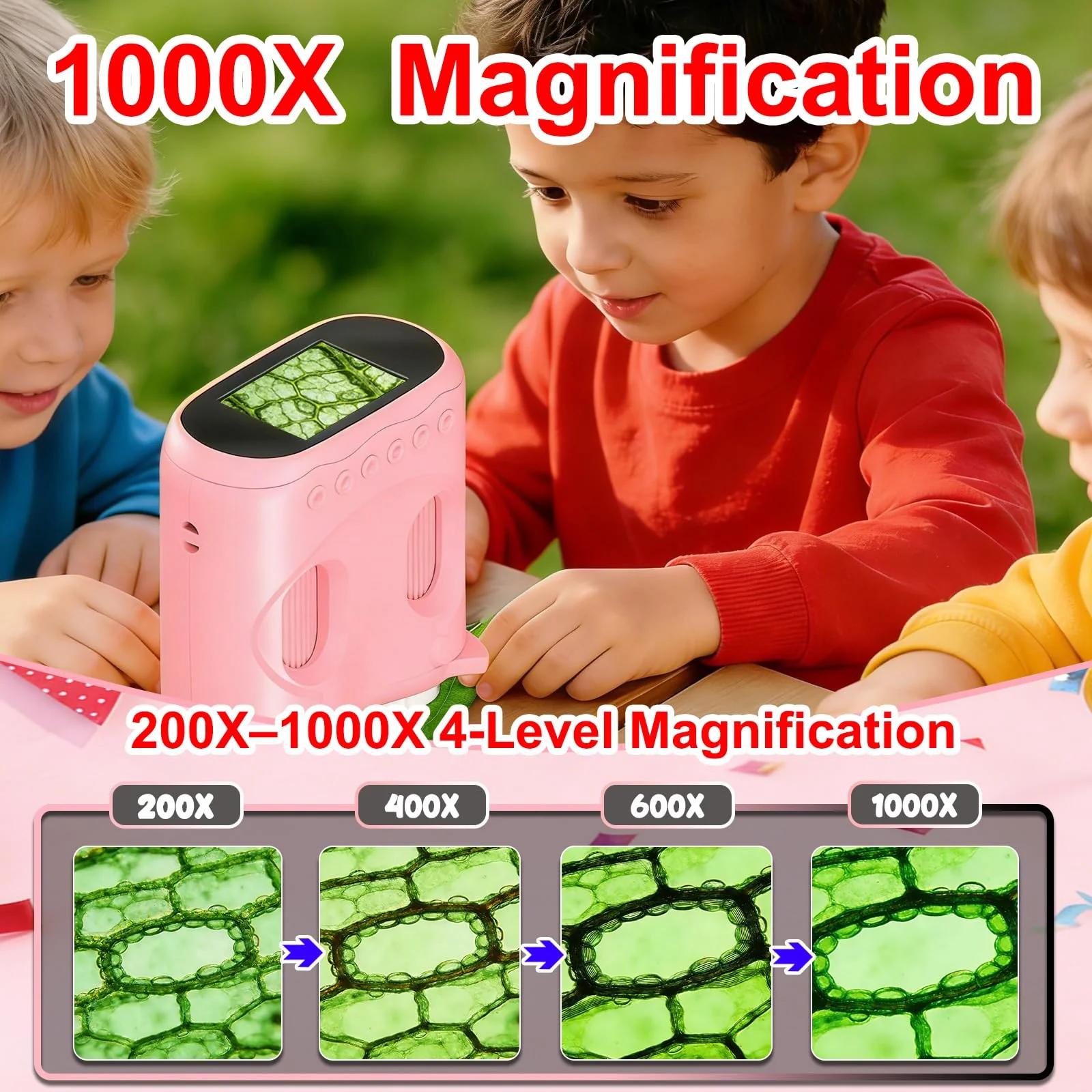 1000X Digital Microscope for Kids &Binoculars,Handheld Kids Microscope with 2.0" Screen,Rechargeable USB Portable Microscope,STEM Education Toys Christmas Birthday Gifts for Kids Boys Girls Ages 4-12 Pink - Image 2