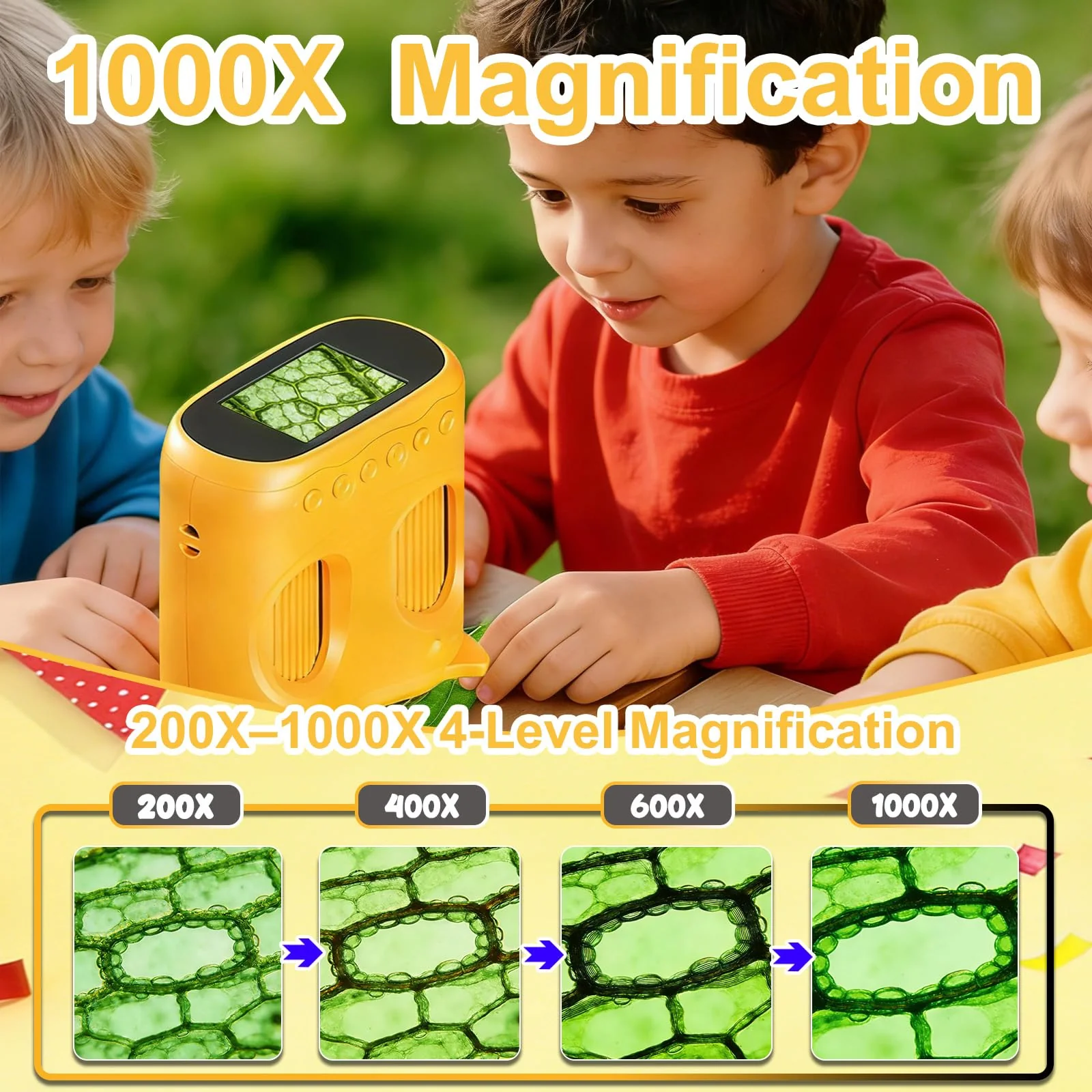 1000X Digital Microscope for Kids & Binoculars,Handheld Kids Microscope with 2.0" Screen,Rechargeable USB Portable Microscope,STEM Education Toys Christmas Birthday Gifts for Kids Boys Girls Ages 4-12 Yellow - Image 2