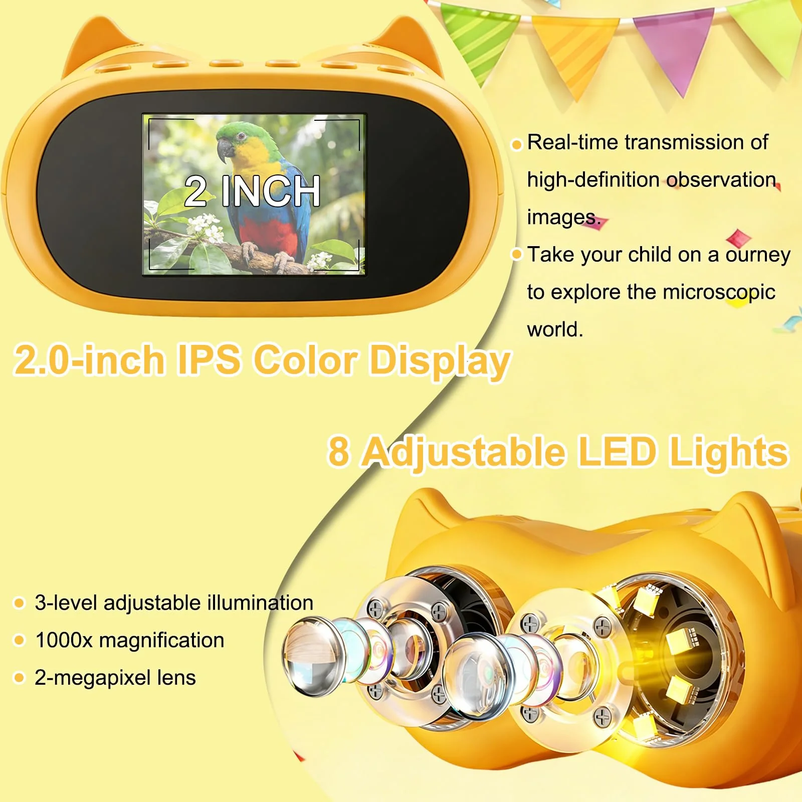 1000X Digital Microscope for Kids & Binoculars,Handheld Kids Microscope with 2.0" Screen,Rechargeable USB Portable Microscope,STEM Education Toys Christmas Birthday Gifts for Kids Boys Girls Ages 4-12 Yellow - Image 4