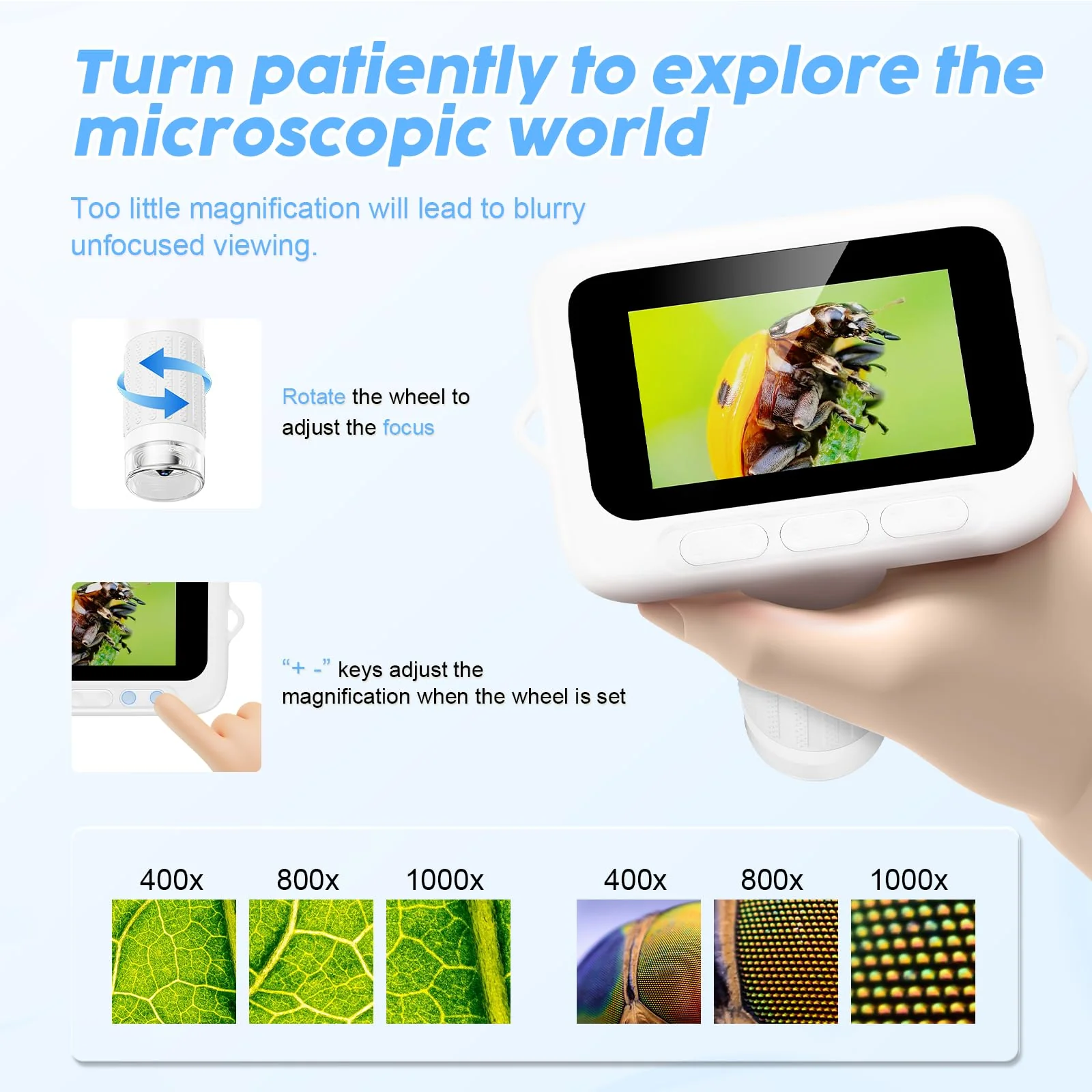 1000X Handheld Digital Kids Microscope with 3.0" IPS Screen, USB-Powered STEM Educational Science Toy with 8 LED Lights & Photo/Video Capture, Portable Learning Gift for Boys & Girls White - Image 6