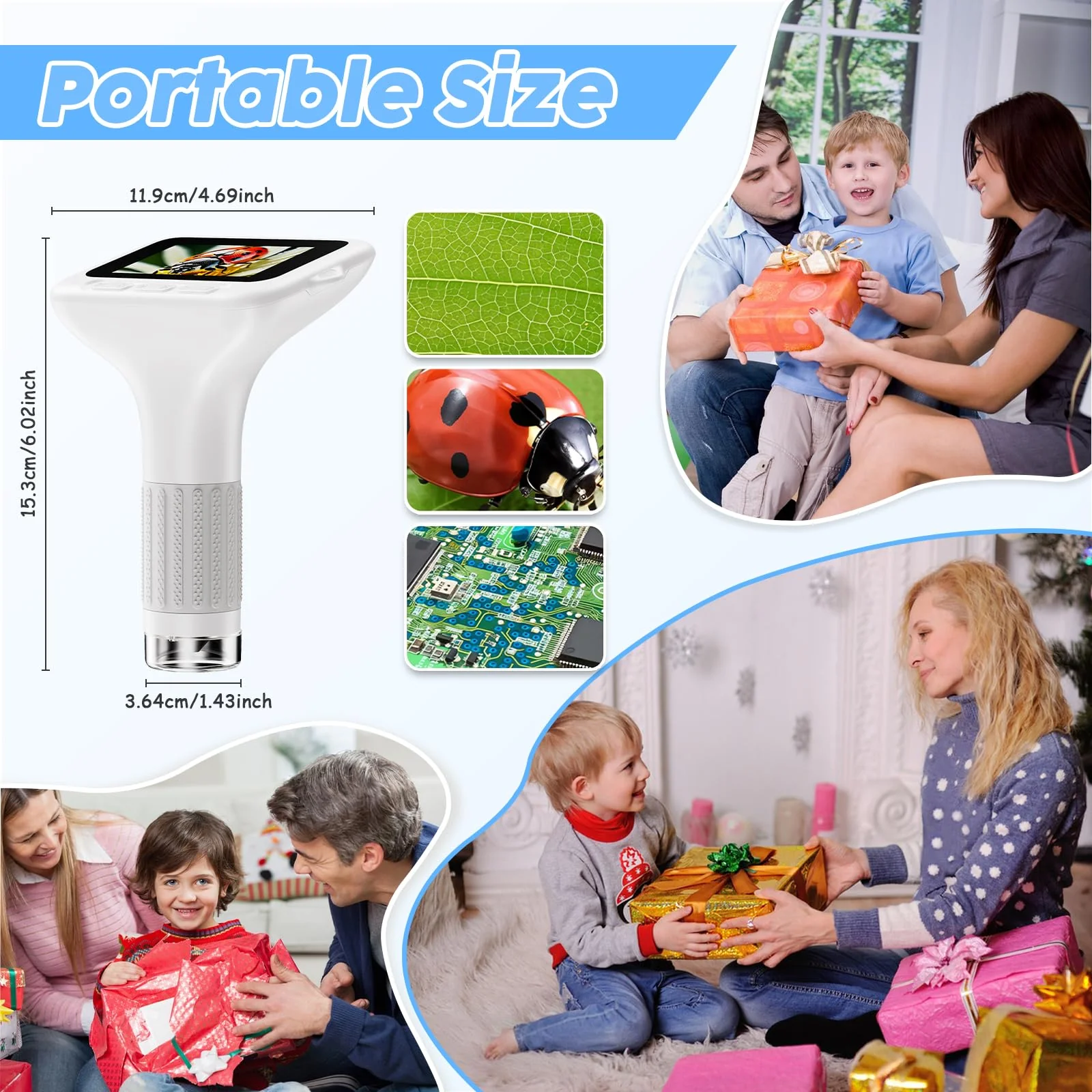 1000X Handheld Digital Kids Microscope with 3.0" IPS Screen, USB-Powered STEM Educational Science Toy with 8 LED Lights & Photo/Video Capture, Portable Learning Gift for Boys & Girls White - Image 8