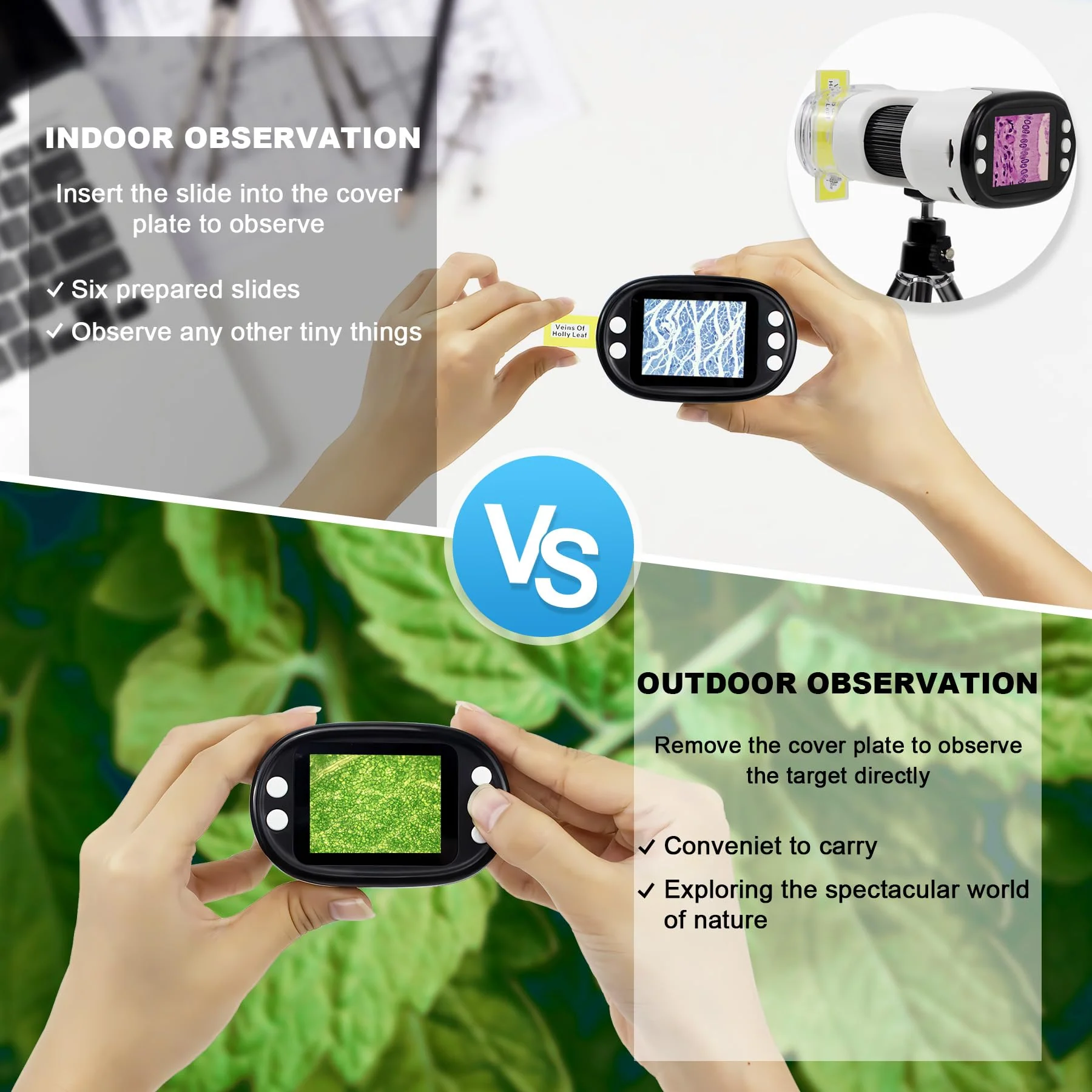 1000X Handheld Digital Microscope for Kids 2'' HD Screen 4K Rechargeable Mini Pocket Microscope with Slide Kit, Microscope Stand, 32G SD Card for Education Gift Age 4-6 8-12 Children - Image 4