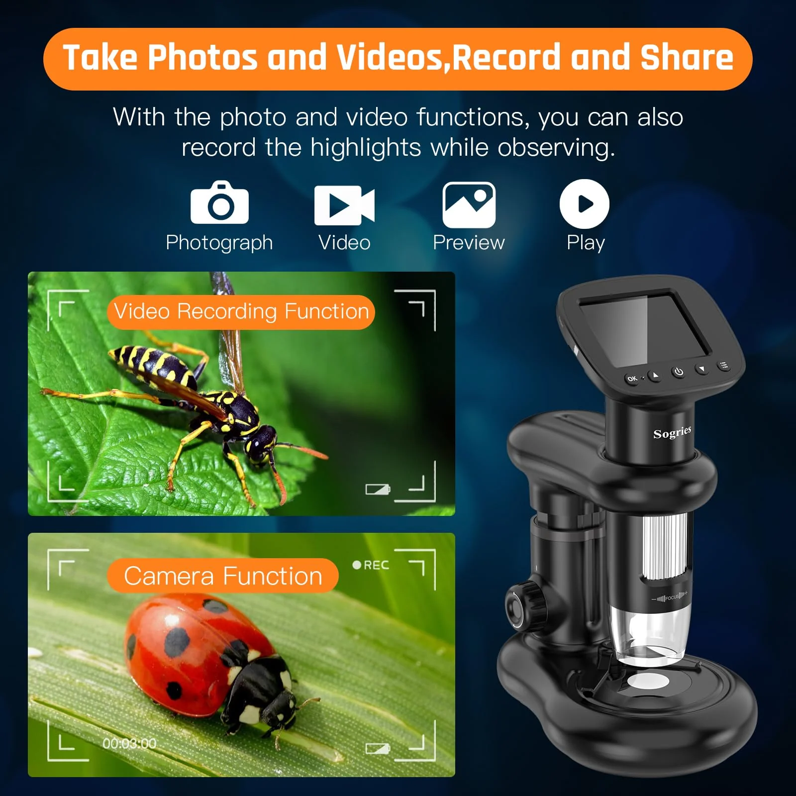 1000x Microscope-Handheld Digital Microscope for Children with 2" LCD Screen,Pocket Microscope for Kids with 8 Adjustable LED Lights,Coins Electronic Magnifier Camera,USB to PC,Including 32GB SD Card - Image 3