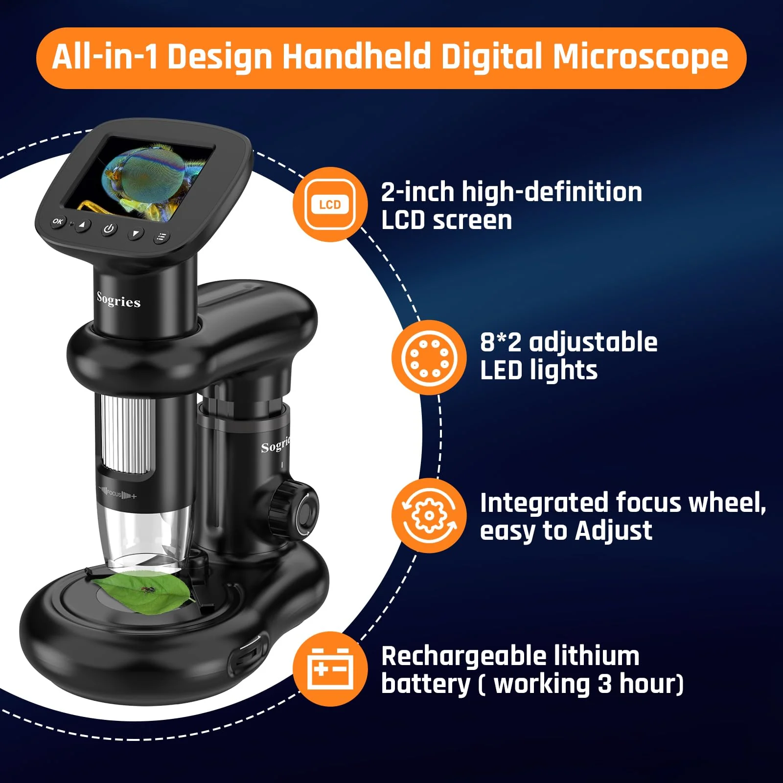 1000x Microscope-Handheld Digital Microscope for Children with 2" LCD Screen,Pocket Microscope for Kids with 8 Adjustable LED Lights,Coins Electronic Magnifier Camera,USB to PC,Including 32GB SD Card - Image 4