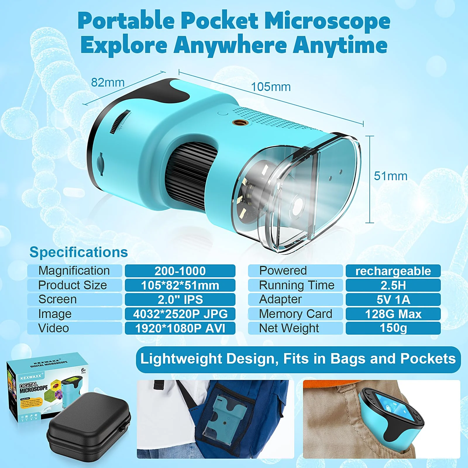 1000X Pocket Microscope for Kids - 4K 2.0" Screen, Digital Mini Scope with Slides Kit, Rechargeable Lab Handheld Portable Microscopes for Kids 4-12 Students Teens - Image 4