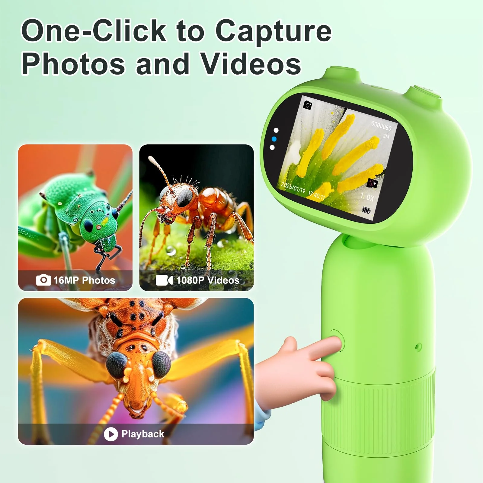 1000X Pocket Microscope for Kids – Railhorn Mini Microscope with 2" LCD Screen, 16MP Camera & 1080P Video, Handheld Magnifier with Light for Coins, Slides & Nature Exploration, STEM Toy for Ages 3-12 - Image 4