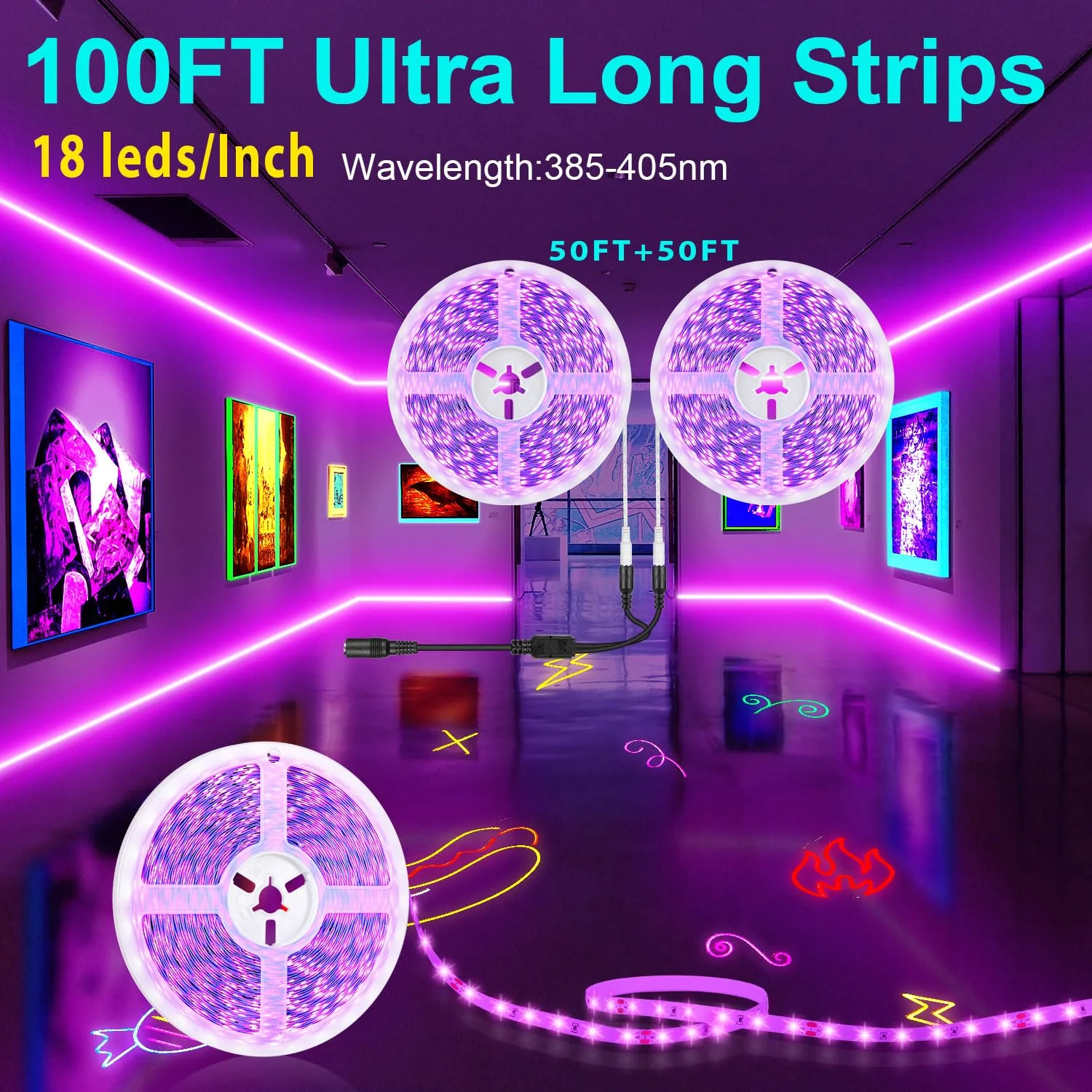 100FT Black Light LED Strip App Control With Remote, Smart Purple Neon Blacklight Adhesive for Glow Party, UV Light for Halloween Decor, Bedroom, Tapestry, Poster 100FT - Image 3