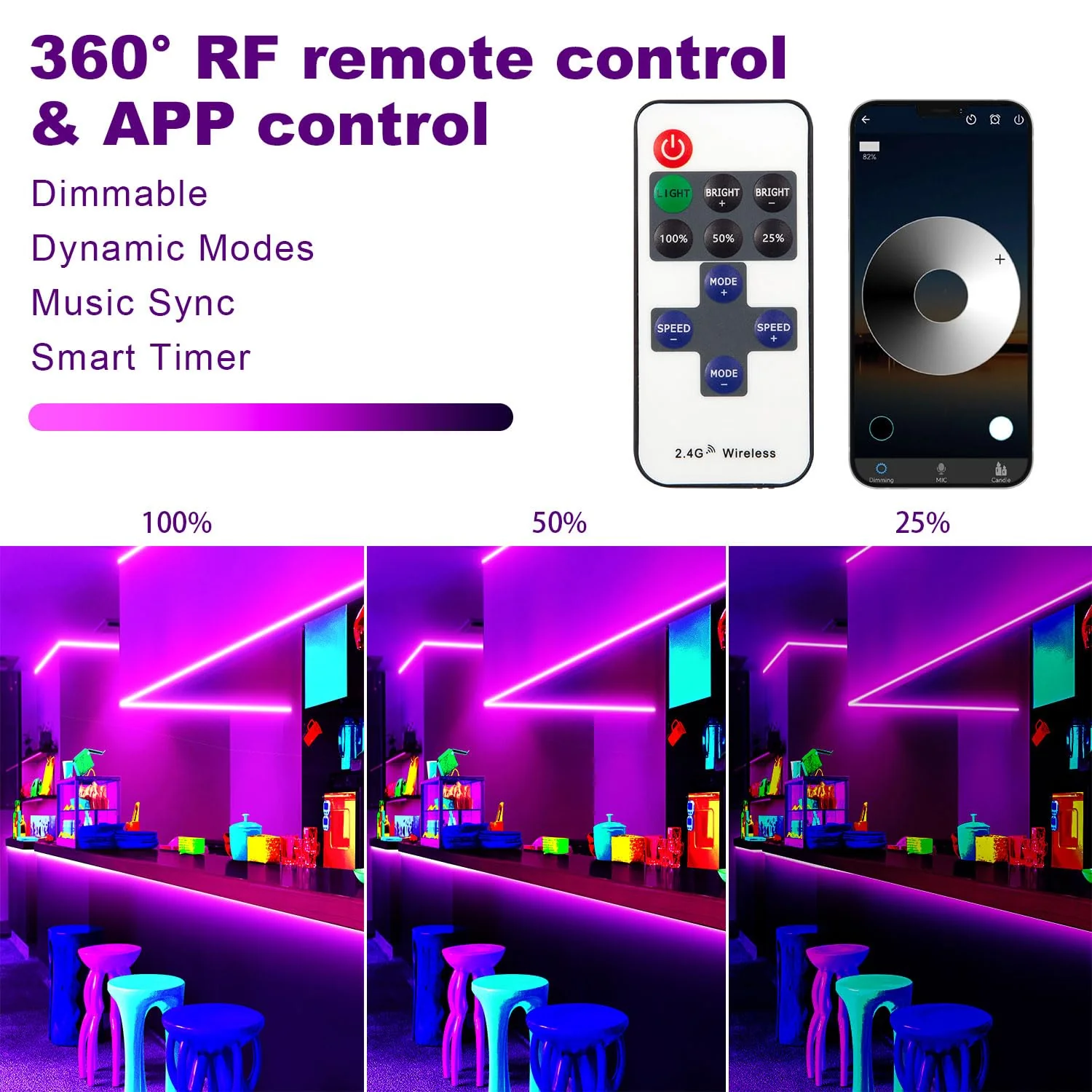 100FT Black Light LED Strip App Control With Remote, Smart Purple Neon Blacklight Adhesive for Glow Party, UV Light for Halloween Decor, Bedroom, Tapestry, Poster 100FT - Image 4