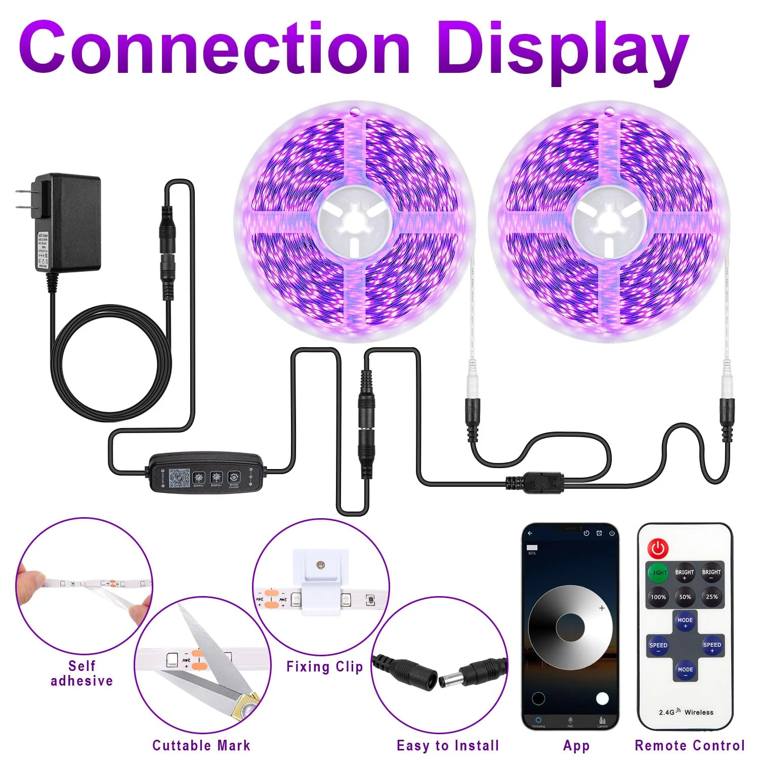 100FT Black Light LED Strip App Control With Remote, Smart Purple Neon Blacklight Adhesive for Glow Party, UV Light for Halloween Decor, Bedroom, Tapestry, Poster 100FT - Image 7