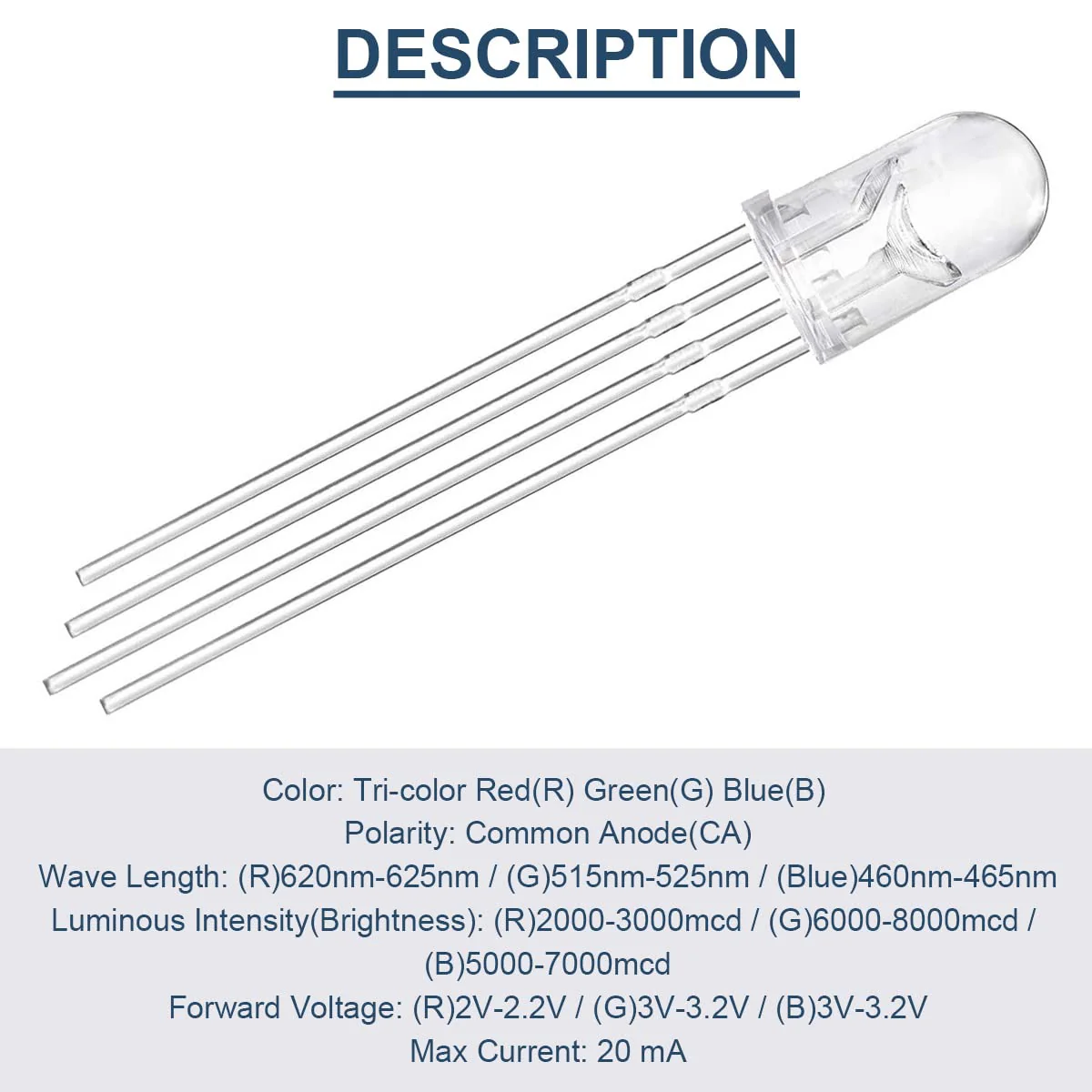 100Pack 5mm LED Light Emitting Diode Common Anode DC 3V 20mA RGB Tri-Color(Red/Green/Blue) 4Pin Clear Transparent Round LED Buld Lamps Electronics Components for Arduino Transparent Common Anode - Image 2
