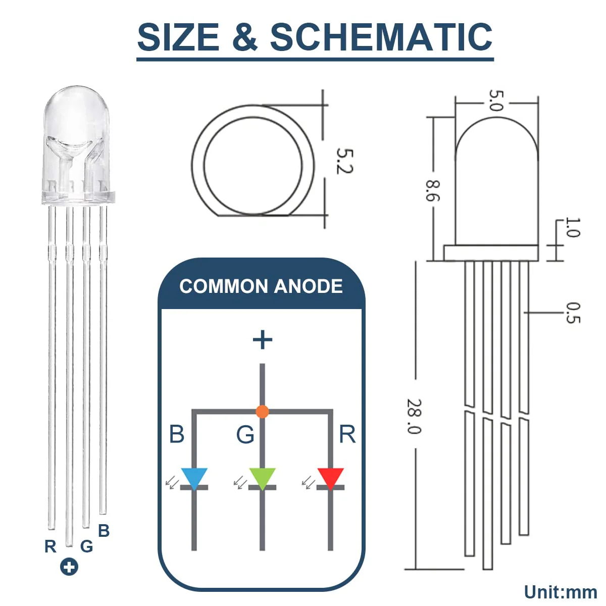 100Pack 5mm LED Light Emitting Diode Common Anode DC 3V 20mA RGB Tri-Color(Red/Green/Blue) 4Pin Clear Transparent Round LED Buld Lamps Electronics Components for Arduino Transparent Common Anode - Image 4