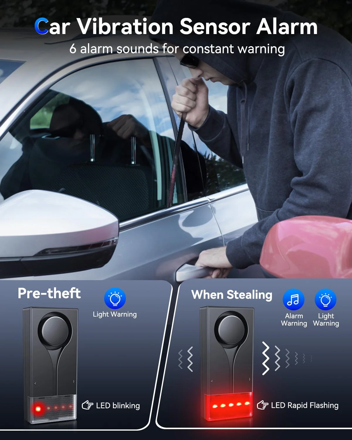 108dB Car Alarm System, Car Anti-Theft Vibration Sensor Alarm & Red Light, Wireless Remote Anti Theft Vehicle Device with Magnetic Install Design for RV, SUV, Truck Two Alarm(one remote) - Image 4