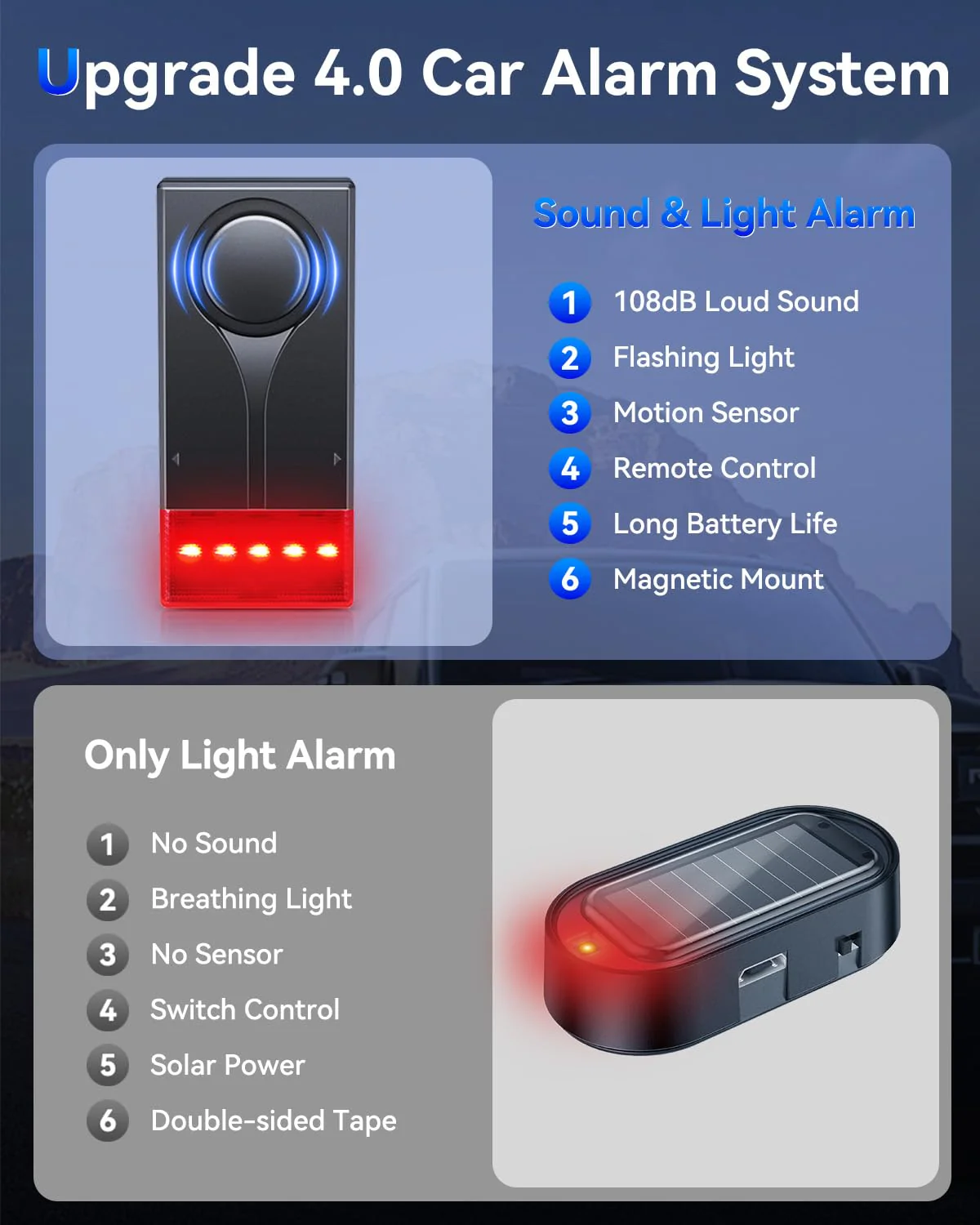108dB Car Alarm System, Car Anti-Theft Vibration Sensor Alarm & Red Light, Wireless Remote Anti Theft Vehicle Device with Magnetic Install Design for RV, SUV, Truck Two Alarm(one remote) - Image 6