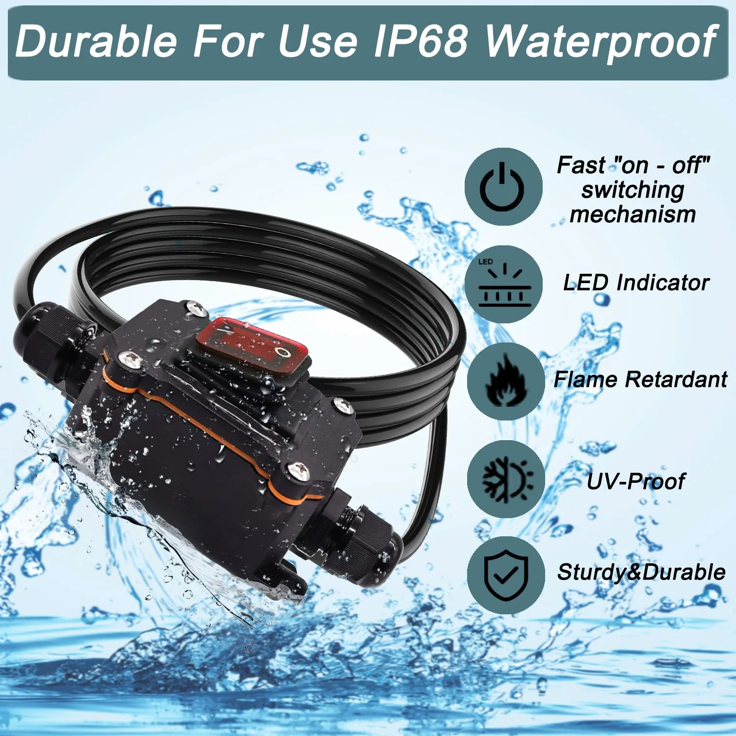 10FT 12V Inline Switch IP68 Waterproof, Outdoor On/Off Toggle Switch with Waterproof Junction Box, DC 12V-24V 20A On Off Switch 12 Volt Inline Cord Switch with Red LED Rocker Button 10FT - Image 2