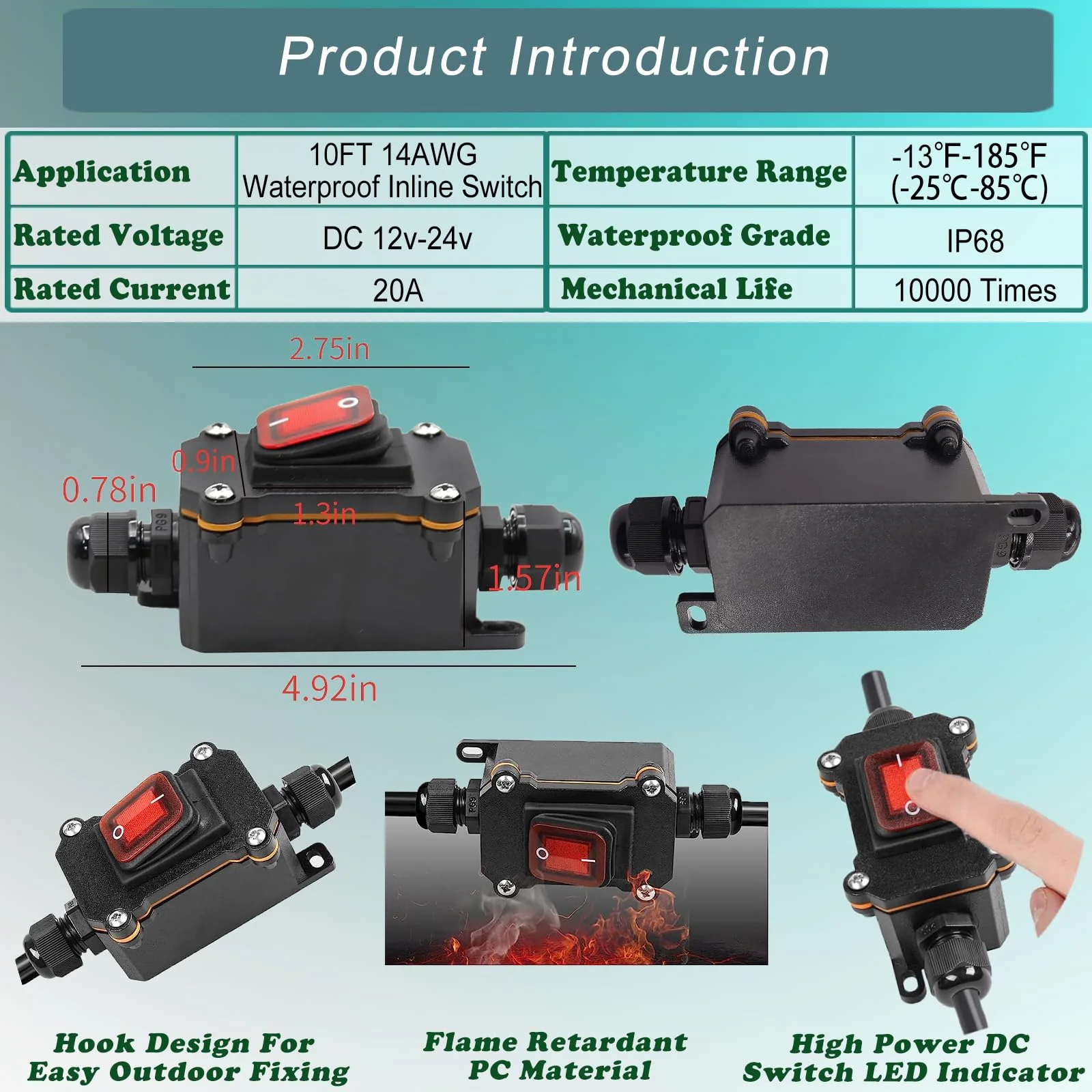10FT 12V Inline Switch IP68 Waterproof, Outdoor On/Off Toggle Switch with Waterproof Junction Box, DC 12V-24V 20A On Off Switch 12 Volt Inline Cord Switch with Red LED Rocker Button 10FT - Image 5