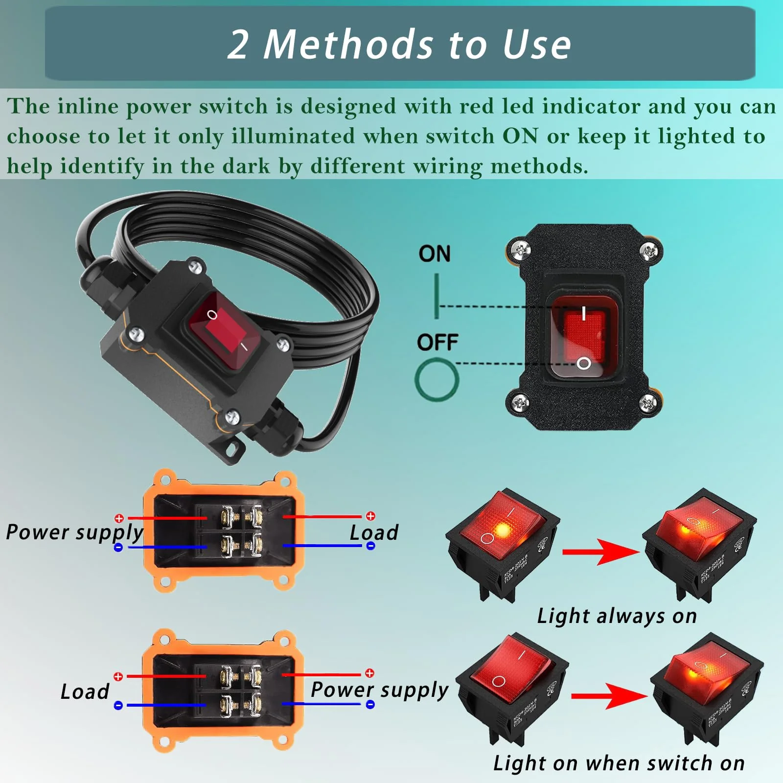 10FT 12V Inline Switch IP68 Waterproof, Outdoor On/Off Toggle Switch with Waterproof Junction Box, DC 12V-24V 20A On Off Switch 12 Volt Inline Cord Switch with Red LED Rocker Button 10FT - Image 6