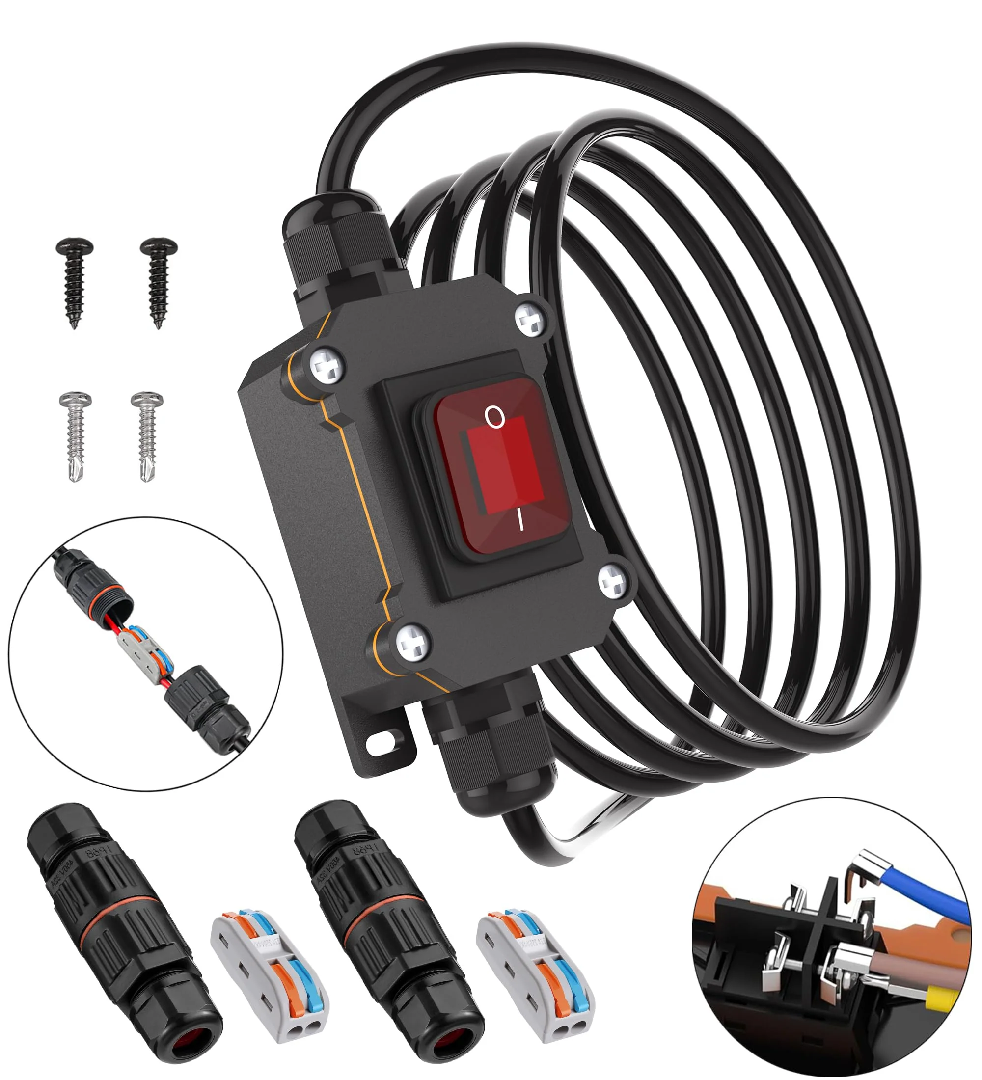 10FT 12V Inline Switch IP68 Waterproof, Outdoor On/Off Toggle Switch with Waterproof Junction Box, DC 12V-24V 20A On Off Switch 12 Volt Inline Cord Switch with Red LED Rocker Button 10FT - Image 8