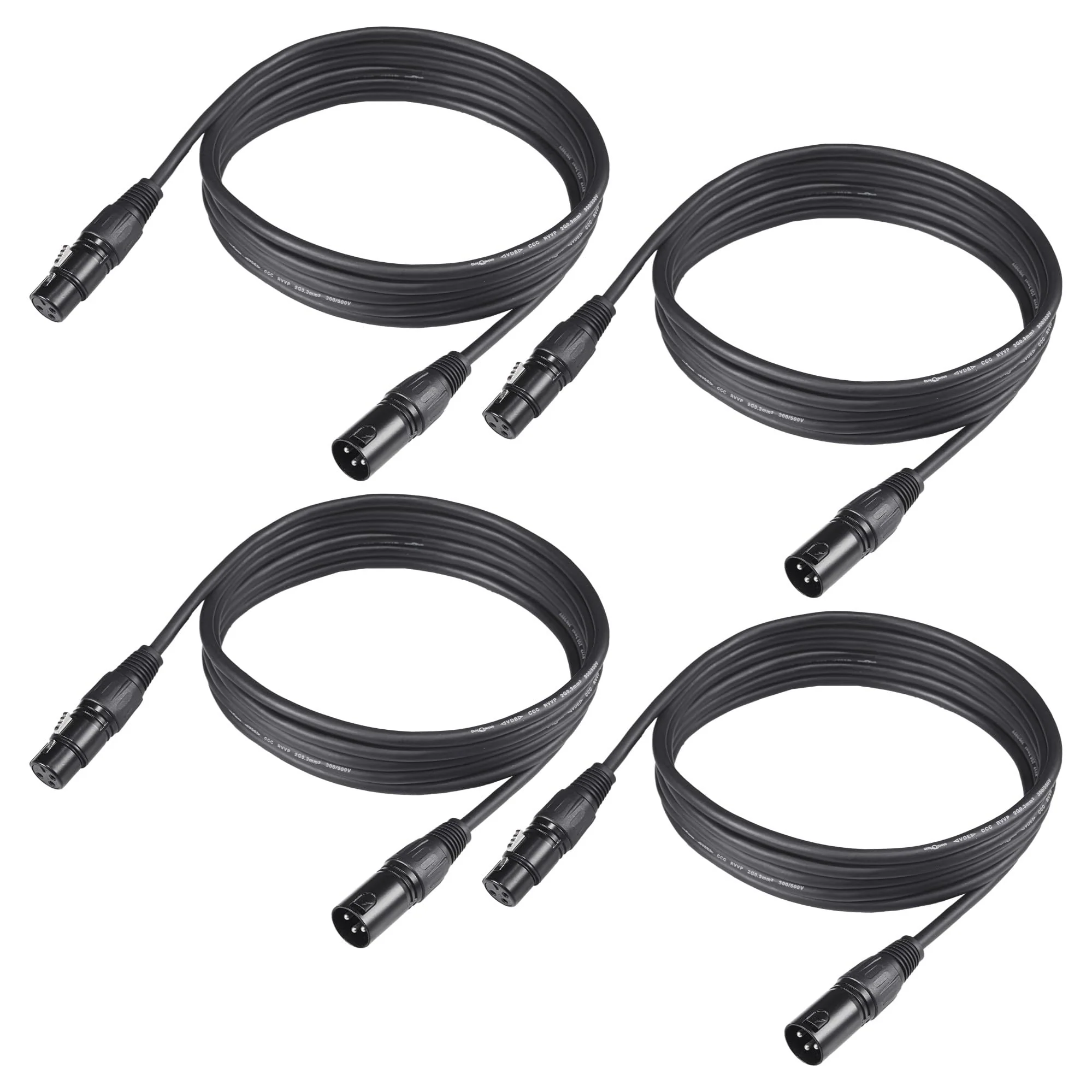 10ft/3.04m DMX Cable, 4 Pack, 3.04m DMX Cables, 3 Pin XLR Male to Female, Shielded, Soft PVC Sheath, Sturdy Metal Connector, Ideal for Stage & DJ Lighting