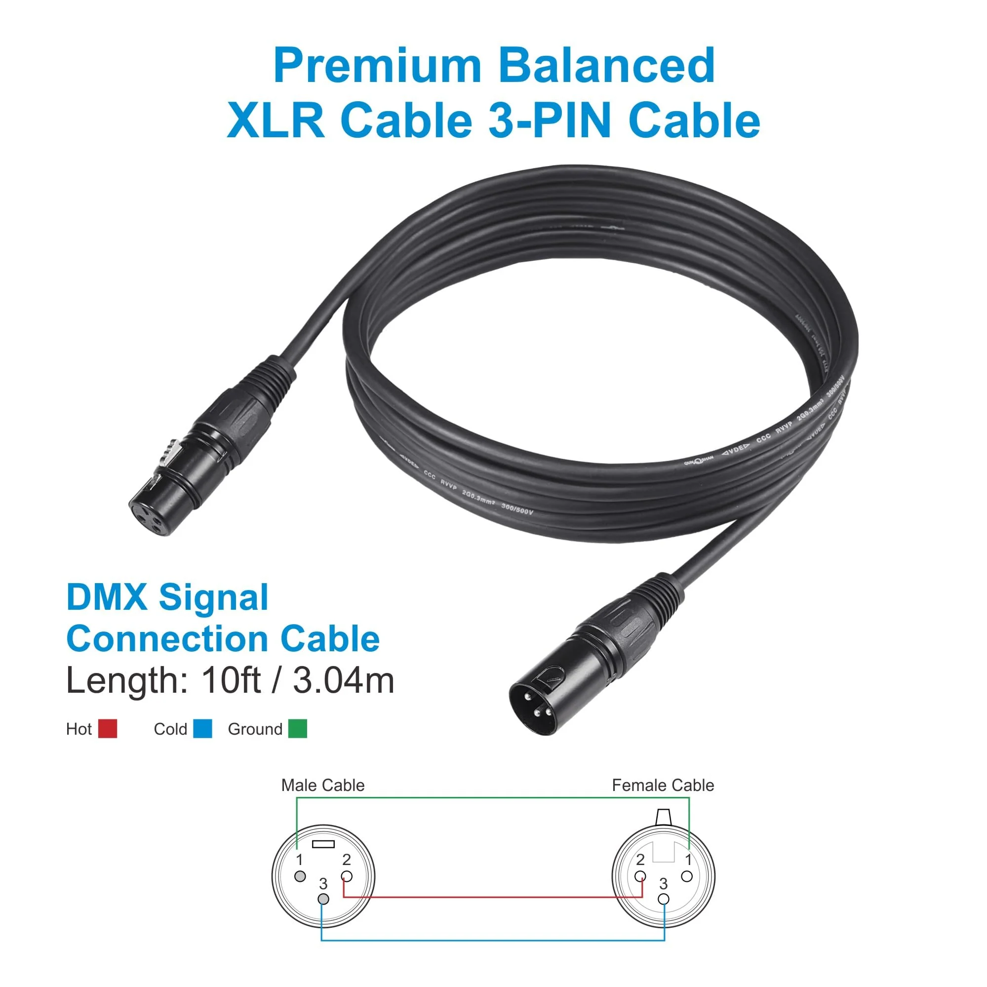 10ft/3.04m DMX Cable, 4 Pack, 3.04m DMX Cables, 3 Pin XLR Male to Female, Shielded, Soft PVC Sheath, Sturdy Metal Connector, Ideal for Stage & DJ Lighting - Image 2