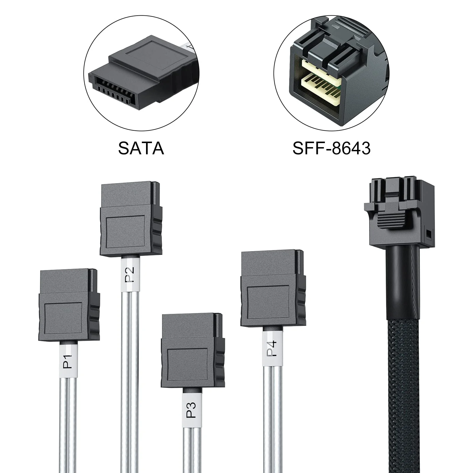 10Gtek MiniSAS HD SFF-8643 Breakout to 4xSATA Cable, Compatible with Raid Controller Hard Drive, 0.5m(1.6ft) 8643-4xSATA - Image 2