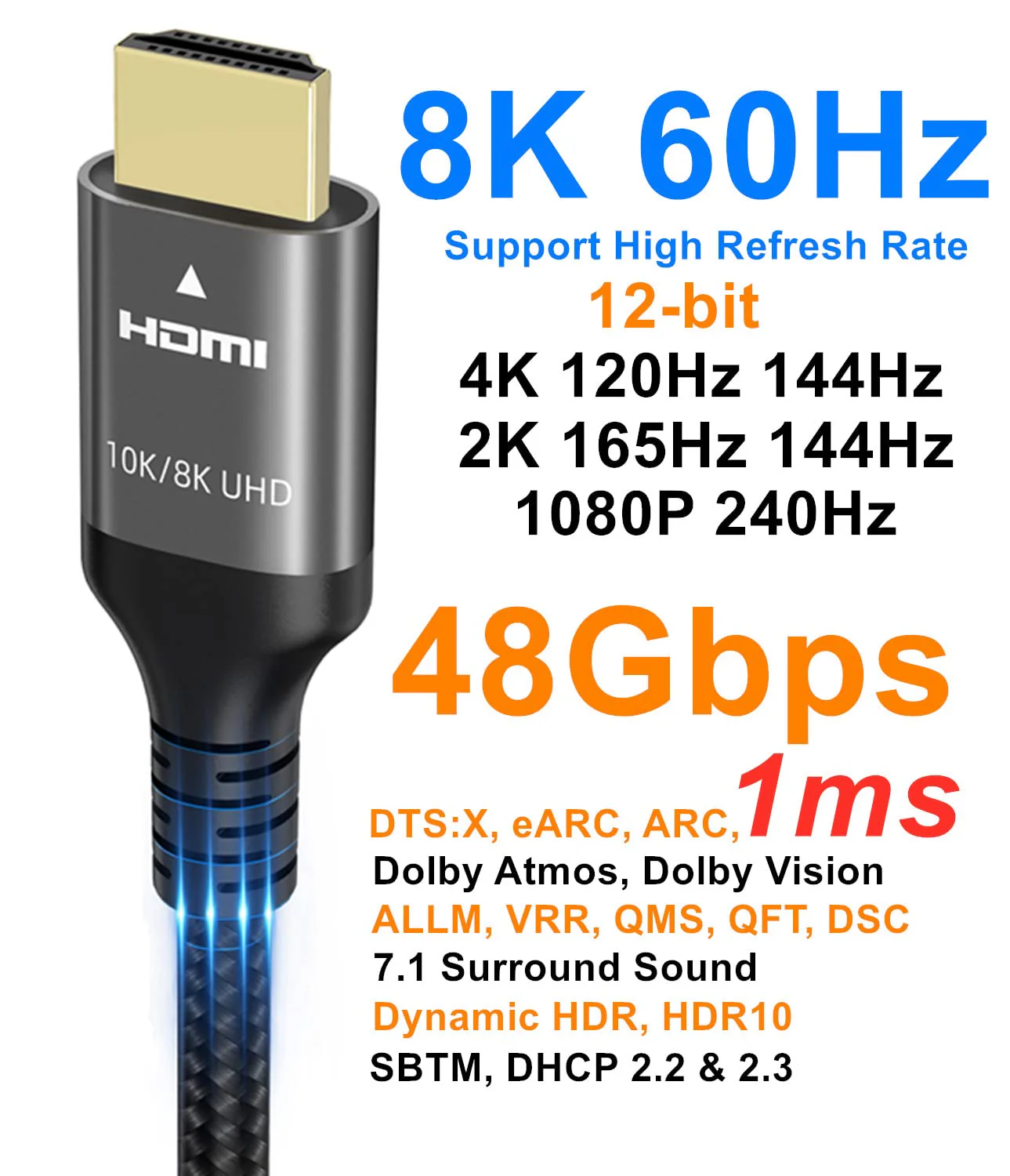 10K 8K 4K HDMI Cable 48Gbps 5 FT, Certified Ultra High Speed HDMI® Cable 4K 240Hz 144Hz 120Hz 8K60Hz 0.01ms HDR10+ eARC HDCP2.3 Netflix Roku TV PC Monitor Projector PS5 Xbox 5feet/1.5m - Image 3