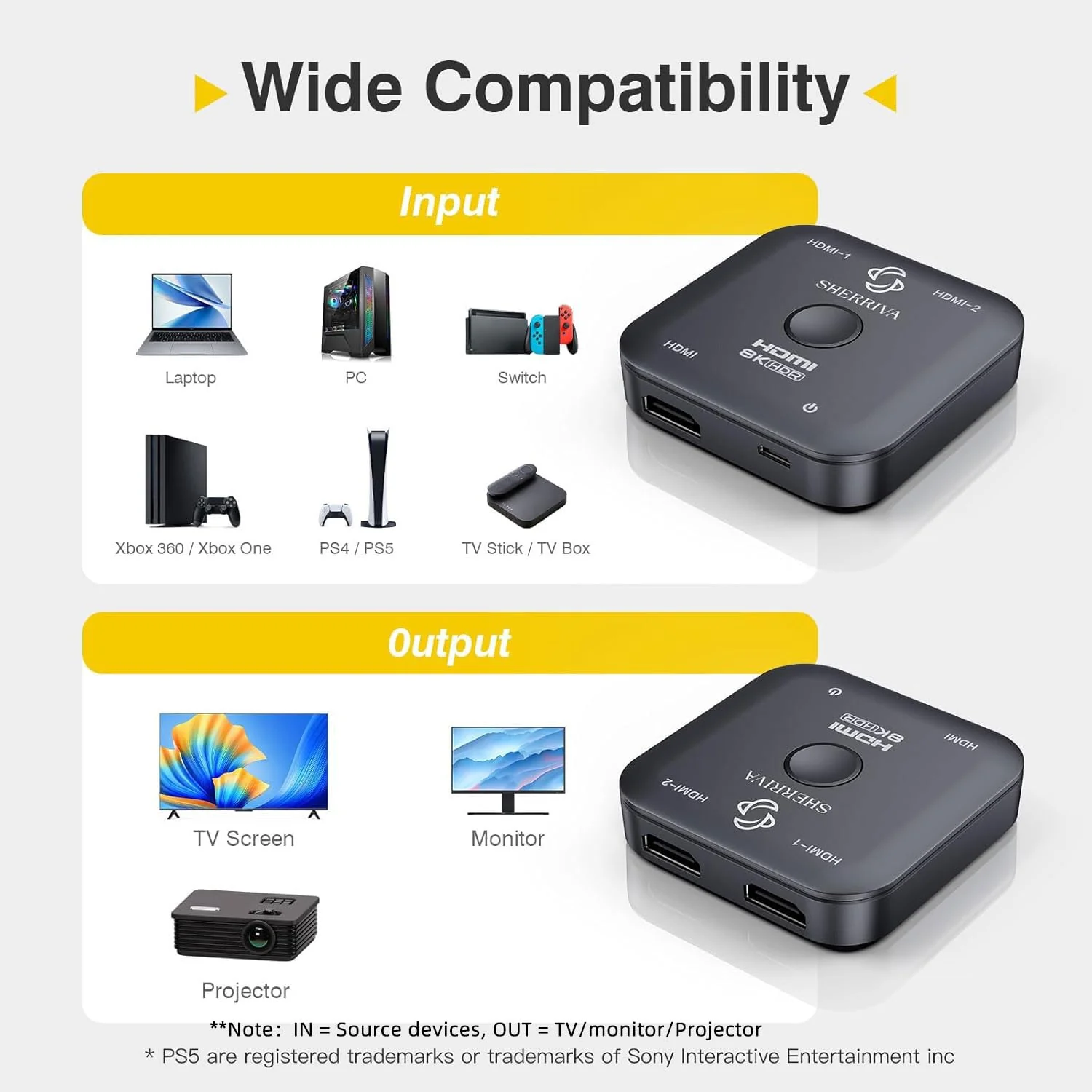 10K 8K HDMI Switch – 2 in 1 Out, Bi-Directional HDMI Splitter Switcher, 8K@60Hz, 4K@240Hz, Compatible with PS5, PS4, Xbox, Fire Stick, Apple TV, Projector - Image 5