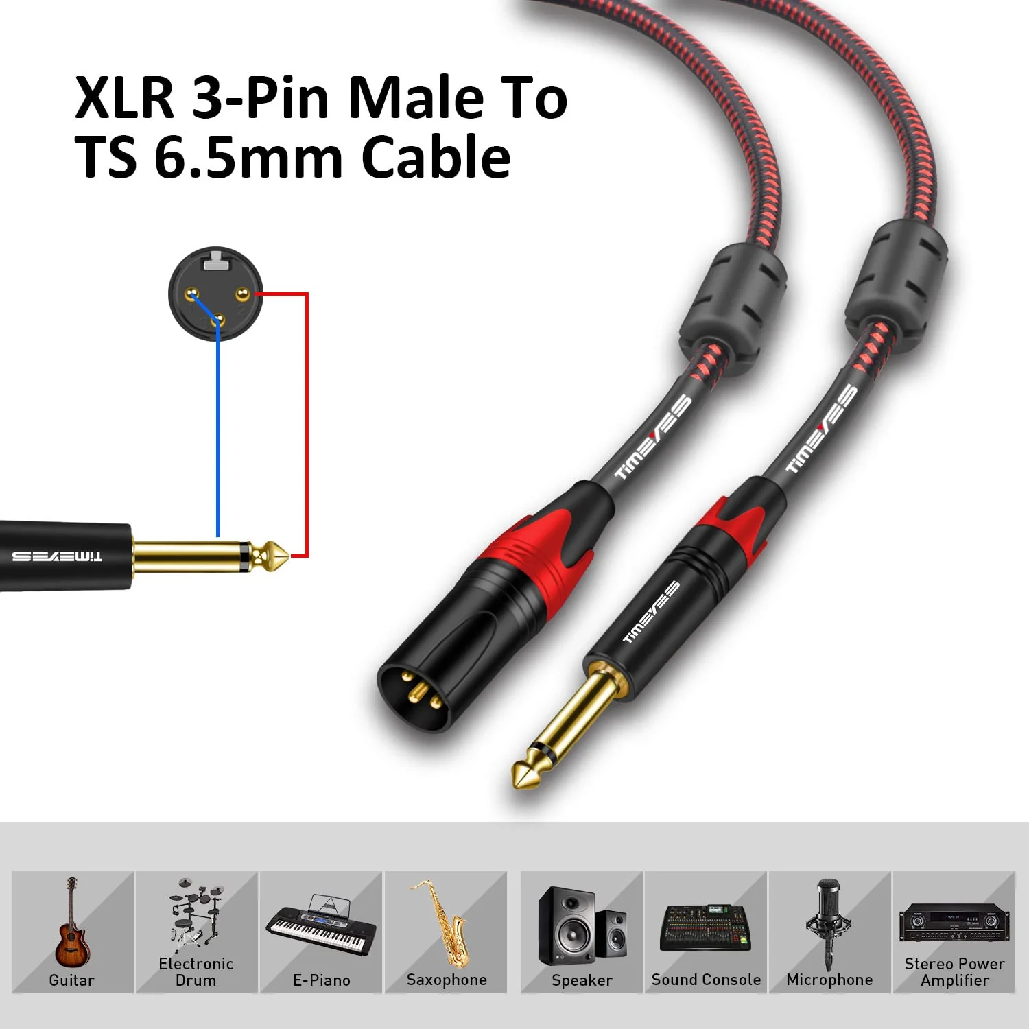 10M 1/4 Inch TS to Male XLR Unbalanced Cable, 33FT Male 6.35mm TS Plug to XLR 3-Pin Male Audio Cable, Microphone Cable XLR to Quarter Inch 6.5mm Patch Cable Cord Jack 1/4 to XLR 10M/33FT - Image 6