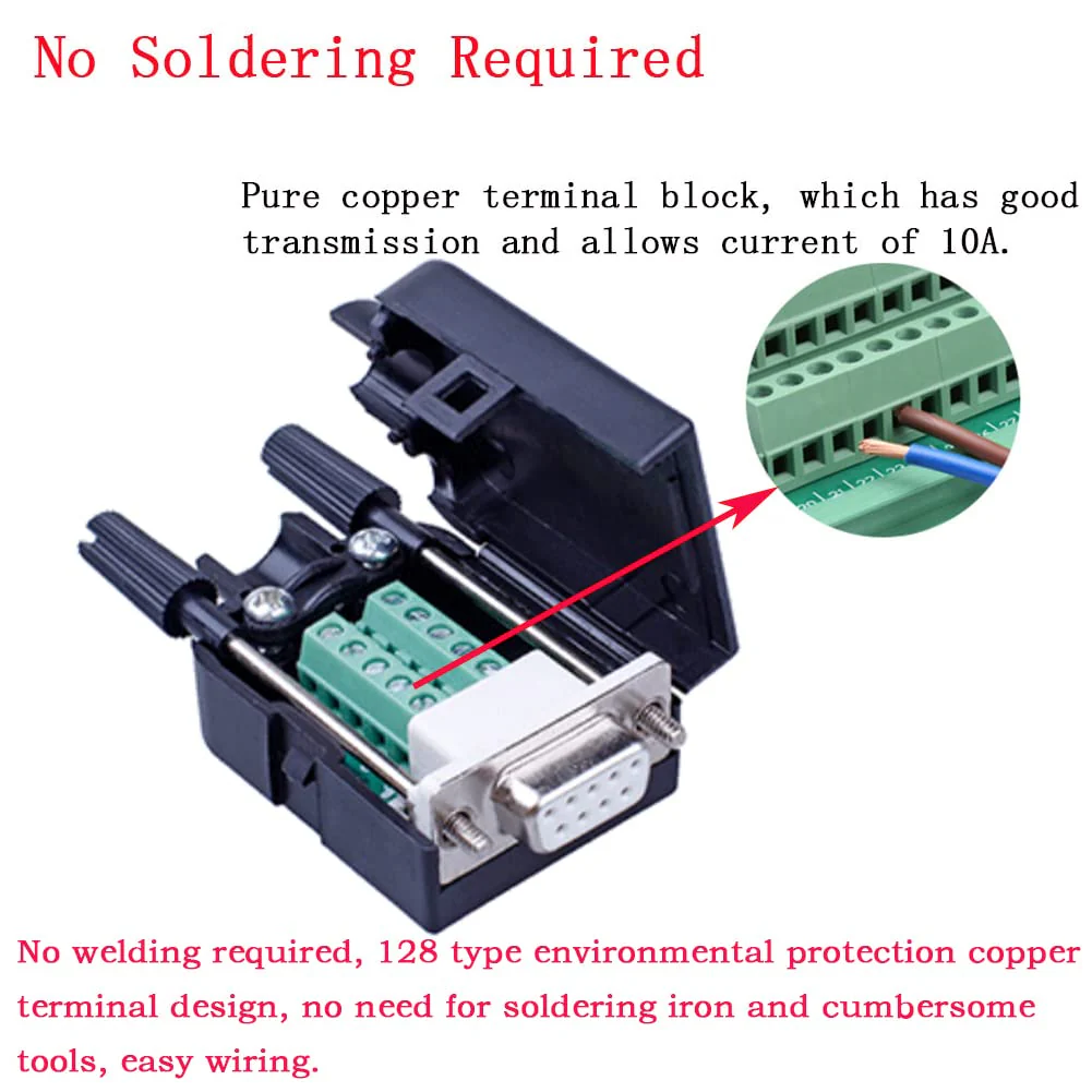 10PCS DB9 Female Breakout Connector,DB9 Solderless RS232 D-SUB Serial to 9-pin Port Terminal Adapter Connector Breakout Board with Case Long Bolts Tail Pipe 10PCS Female Adapter - Image 2
