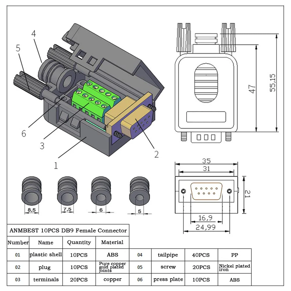 10PCS DB9 Female Breakout Connector,DB9 Solderless RS232 D-SUB Serial to 9-pin Port Terminal Adapter Connector Breakout Board with Case Long Bolts Tail Pipe 10PCS Female Adapter - Image 3