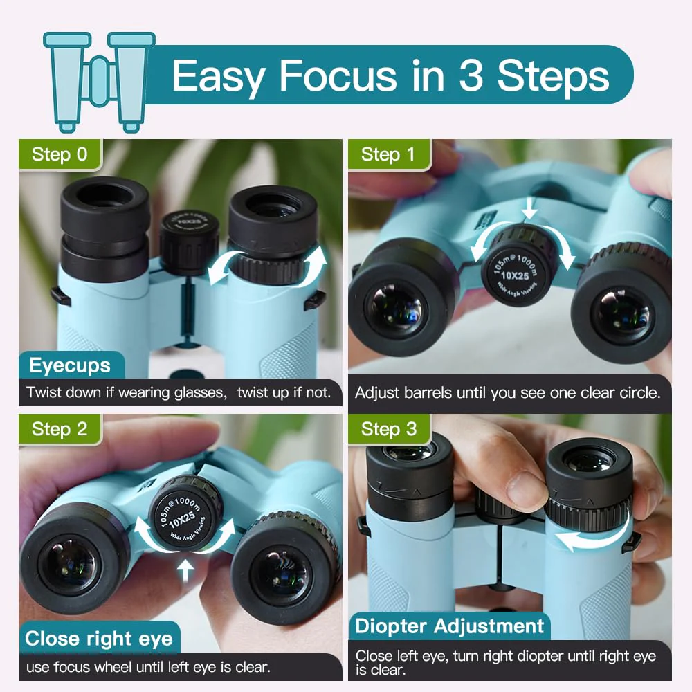 10x25 HD Binoculars for Kids & Adults – Lightweight Blue Mini Binoculars with 10X Magnification, FMC Lenses & Easy Focus, Portable Binoculars for Children and Adults, Travel, Bird Watching, Hiking - Image 9