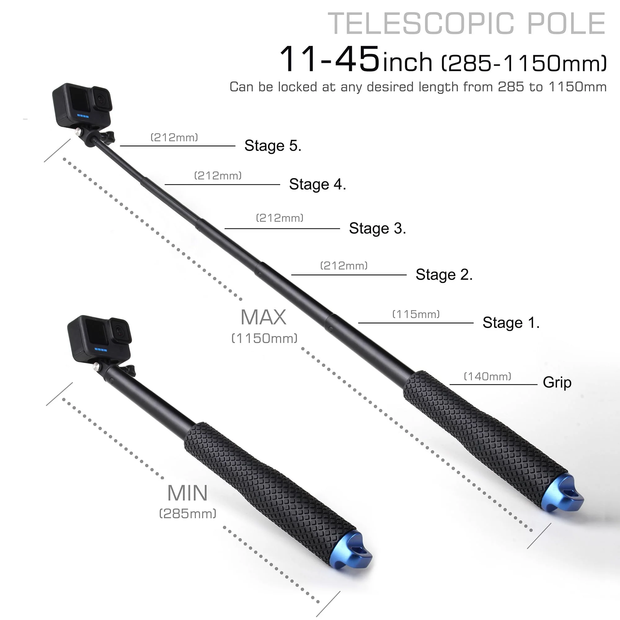11''-45''Alumium Handheld Waterproof Selfie Stick Underwater Pole Handle Grip Monopod for Gopro Hero Session Max Insta360 AKASO DJI OSMO Digital Action Cameras 11''-45'' Stick - Image 2