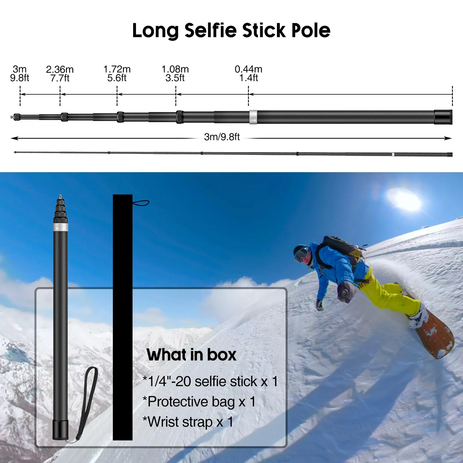 118"/3.0m Invisible Selfie Stick Carbon Fiber, 9.8ft Extended Super Long Pole Compatible with Insta360 X4 X3 ONE X2, ONE R, ONE X, ONE GO 3S 3 2 Action 360 Camera (17 to 118") - Image 7