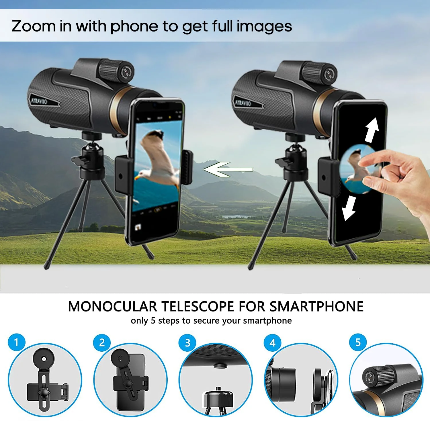 12×60 Monocular Telescope with Smartphone Holder & Upgraded Tripod, High Powered SMC & BAK4 Scope, Birthday Gifts for Men Dad Him Husband Teen, White Elephant Gift, Outdoors Survival Hiking Gear - Image 5