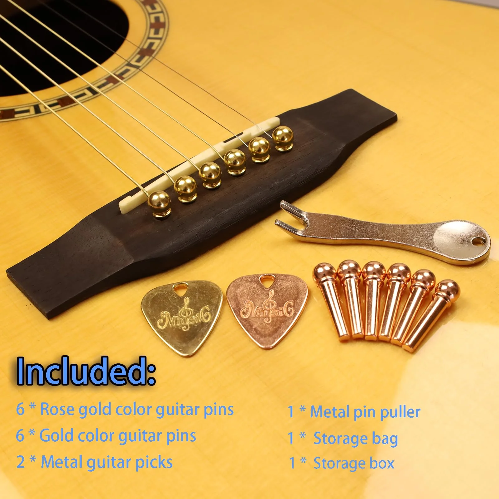 12 Pcs Acoustic Guitar Bridge Pins with Bridge Pin Puller Remover 2 Guitar Picks Guitar Pegs Guitar Parts Accessories Replacement Tools Kits - Image 8