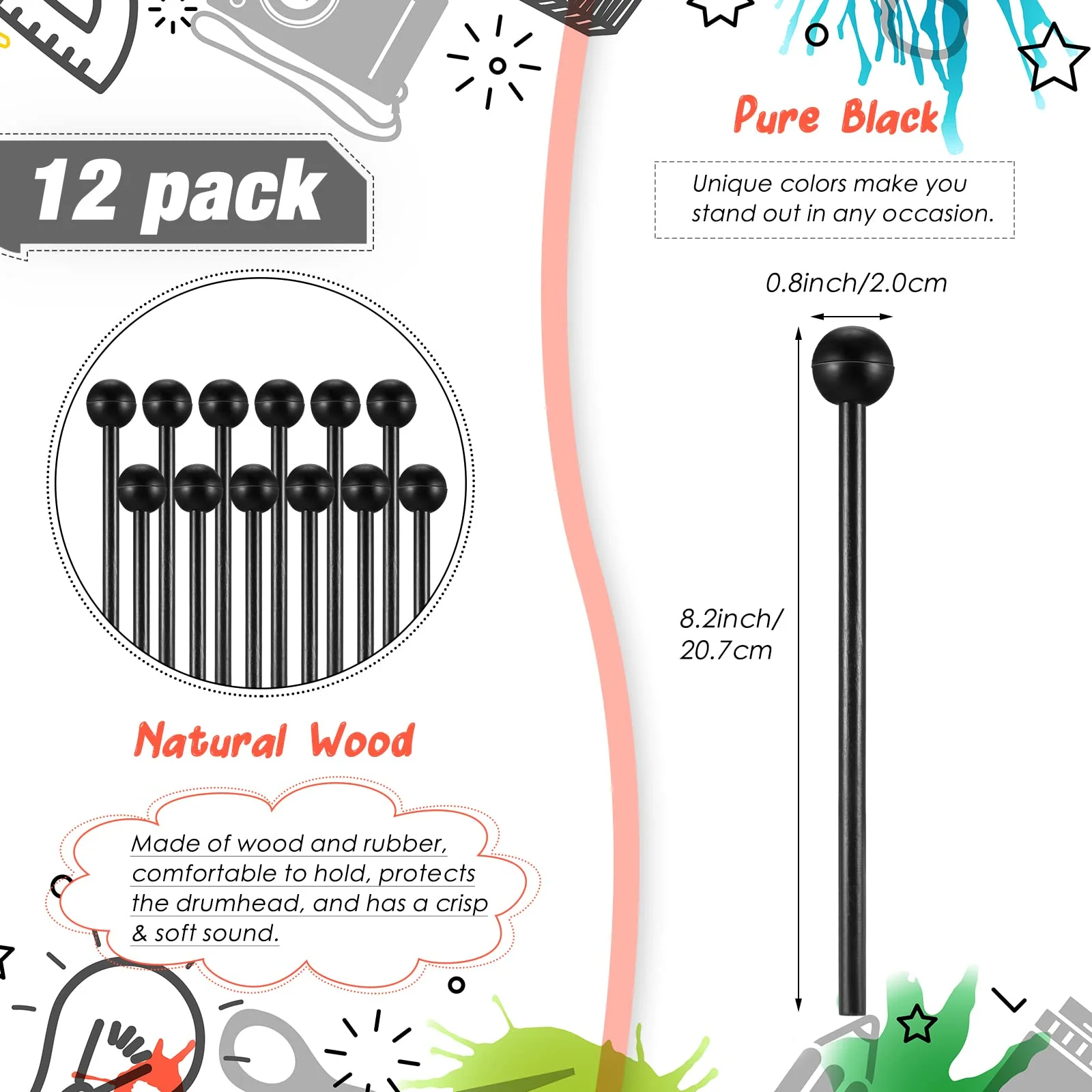 12 Pcs Glockenspiel Mallets Drum Mallets Percussion Xylophone Mallets 8.5 Inch Wood Mallets Percussion Sticks Rubber Head with Storage Bag for Xylophone Glockenspiel Marimba Bell Chime - Image 2
