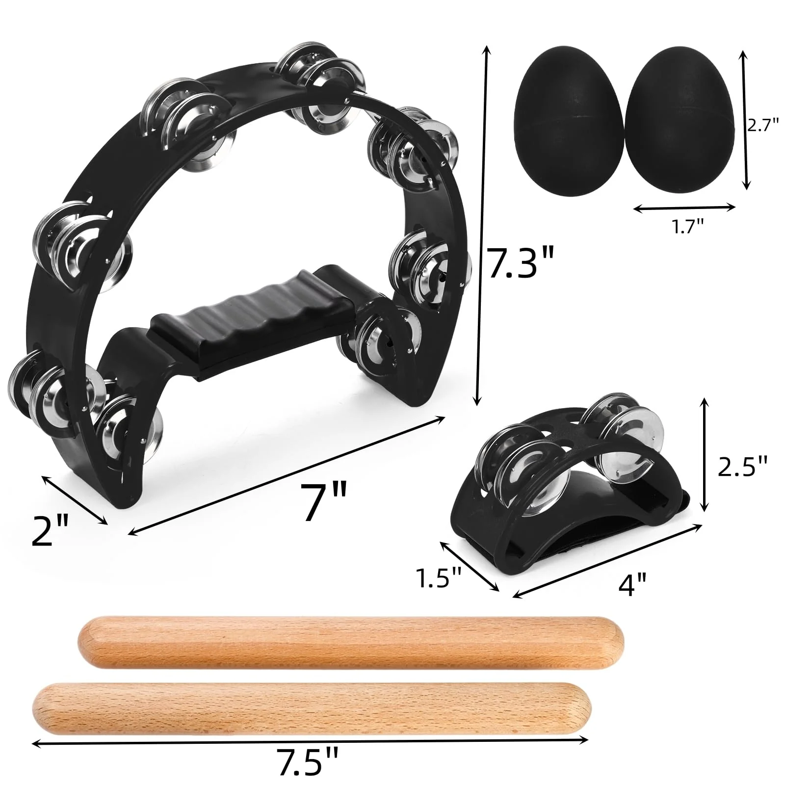 12 Pcs Tambourines for Adults, Hand Held Half Moon Tambourine with Foot Tambourine Wood Rhythm Sticks and Egg Shakers, Double Row Metal Jingles Hand Percussion Instrument Set for Party - Image 2