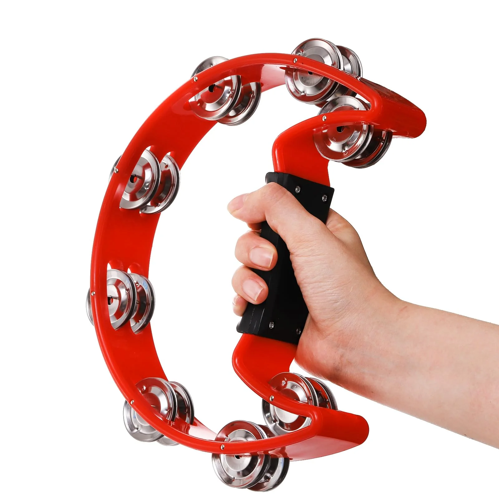 12 Pcs Tambourines for Adults, Hand Held Half Moon Tambourine with Foot Tambourine Wood Rhythm Sticks and Egg Shakers, Double Row Metal Jingles Hand Percussion Instrument Set for Party - Image 3
