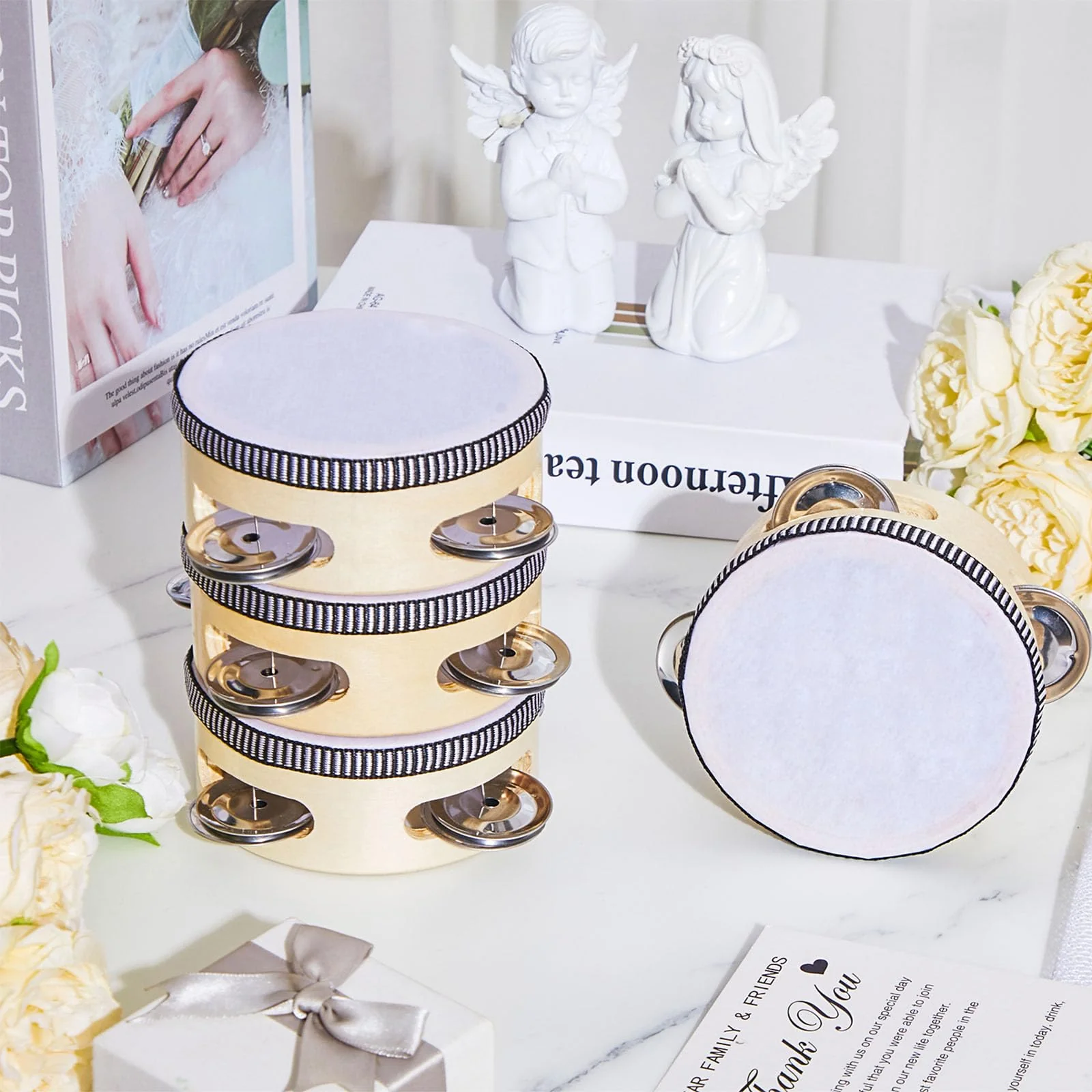 12 Pcs Wedding Tambourine Drum for Adults Hand Held Percussion Gift Wood Metal Jingles Musical Educational Drum Instrument for Church Wedding Party Games(White,4 Inch) 4 Inch White - Image 4